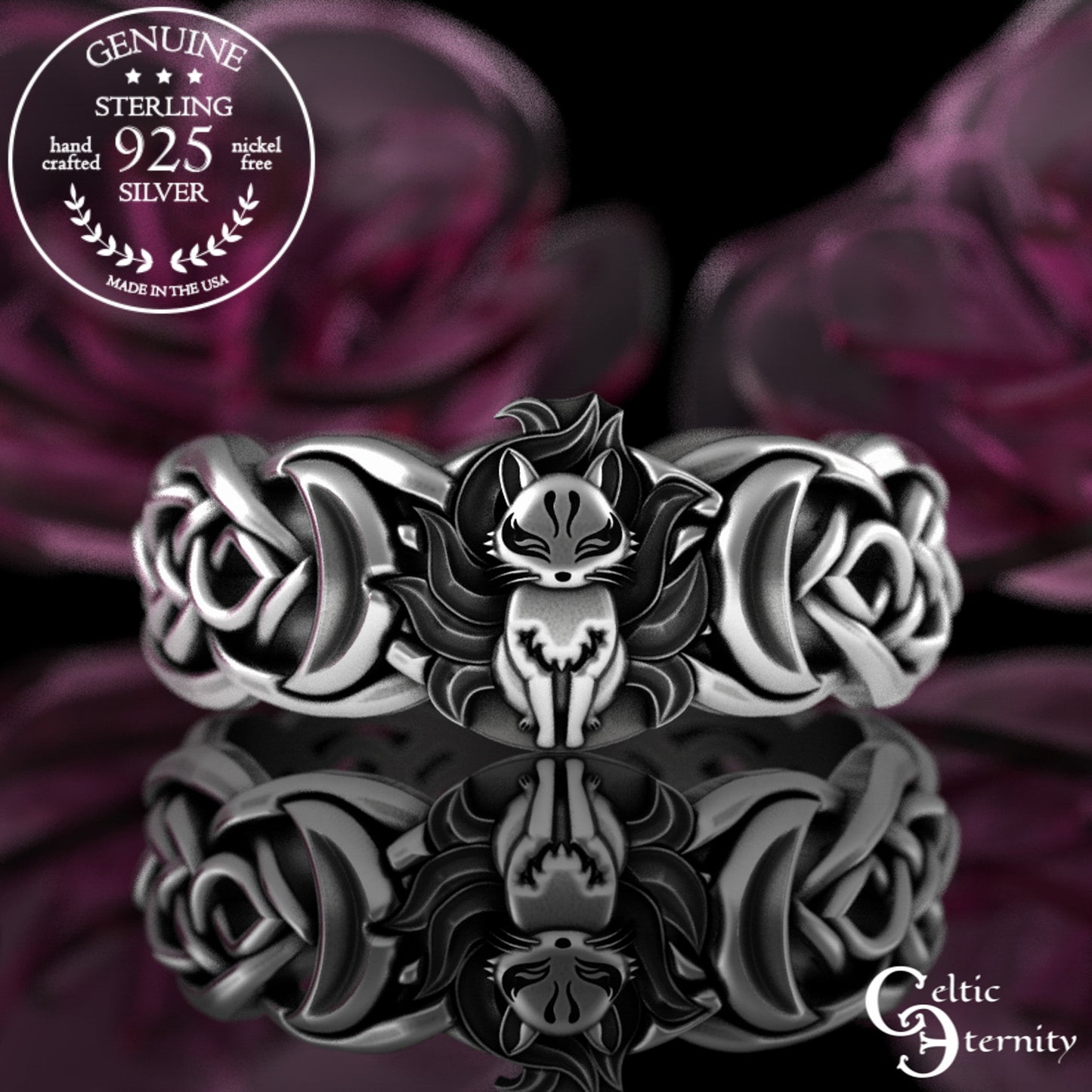 Sterling Silver Japanese Fox & Celtic Moon Wedding Band, 3194