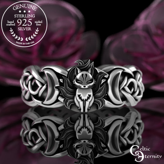 Sterling Silver Japanese Fox & Celtic Moon Wedding Band, 3194