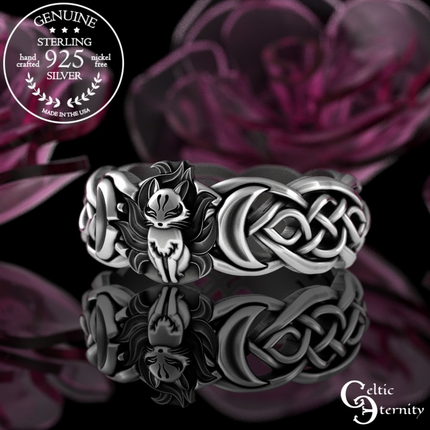Sterling Silver Japanese Fox & Celtic Moon Wedding Band, 3194