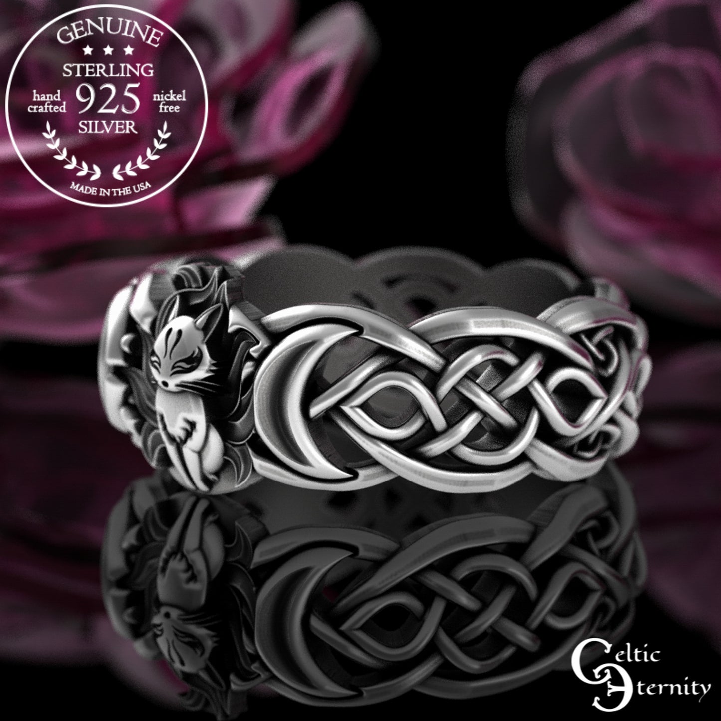 Sterling Silver Japanese Fox & Celtic Moon Wedding Band, 3194