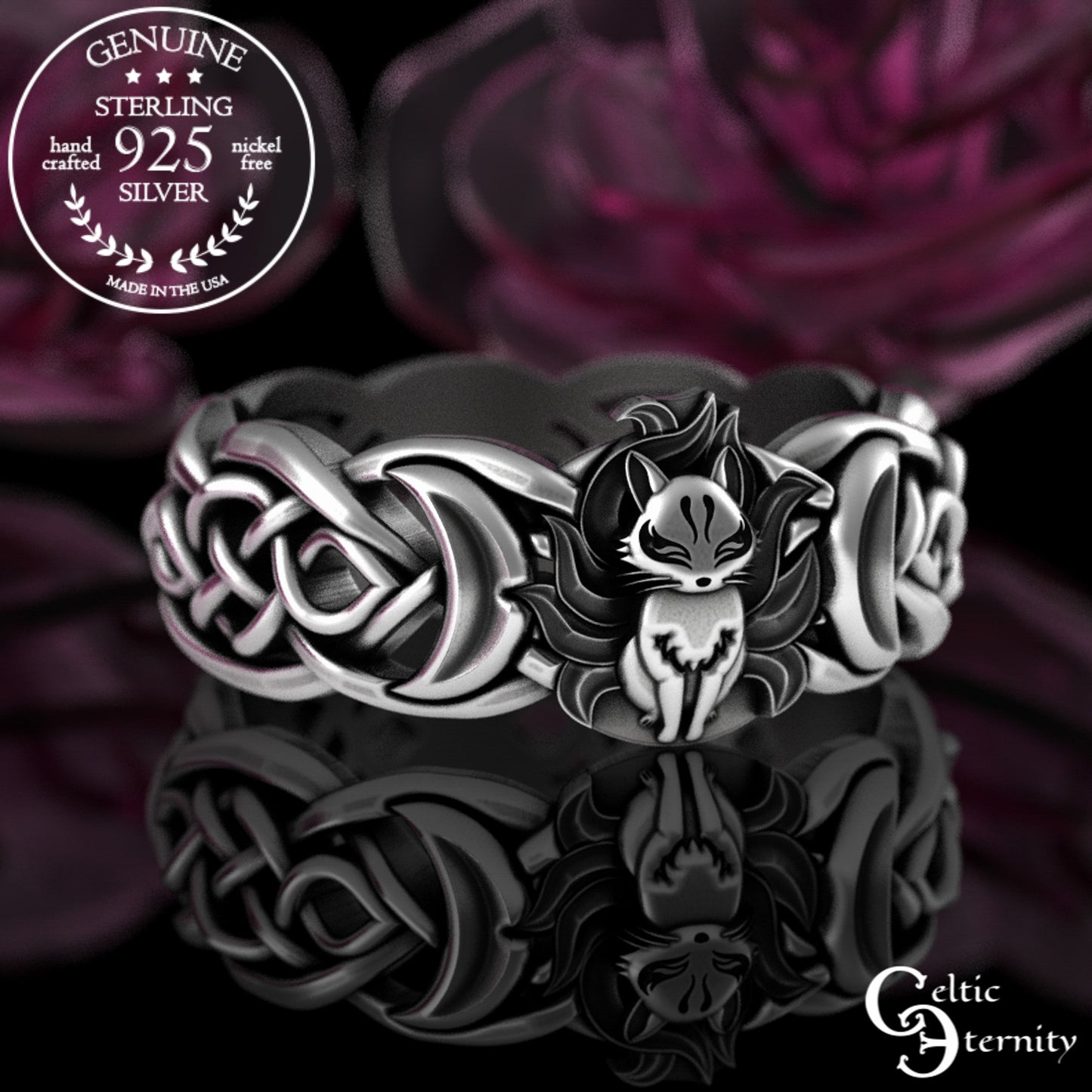 Sterling Silver Japanese Fox & Celtic Moon Wedding Band, 3194