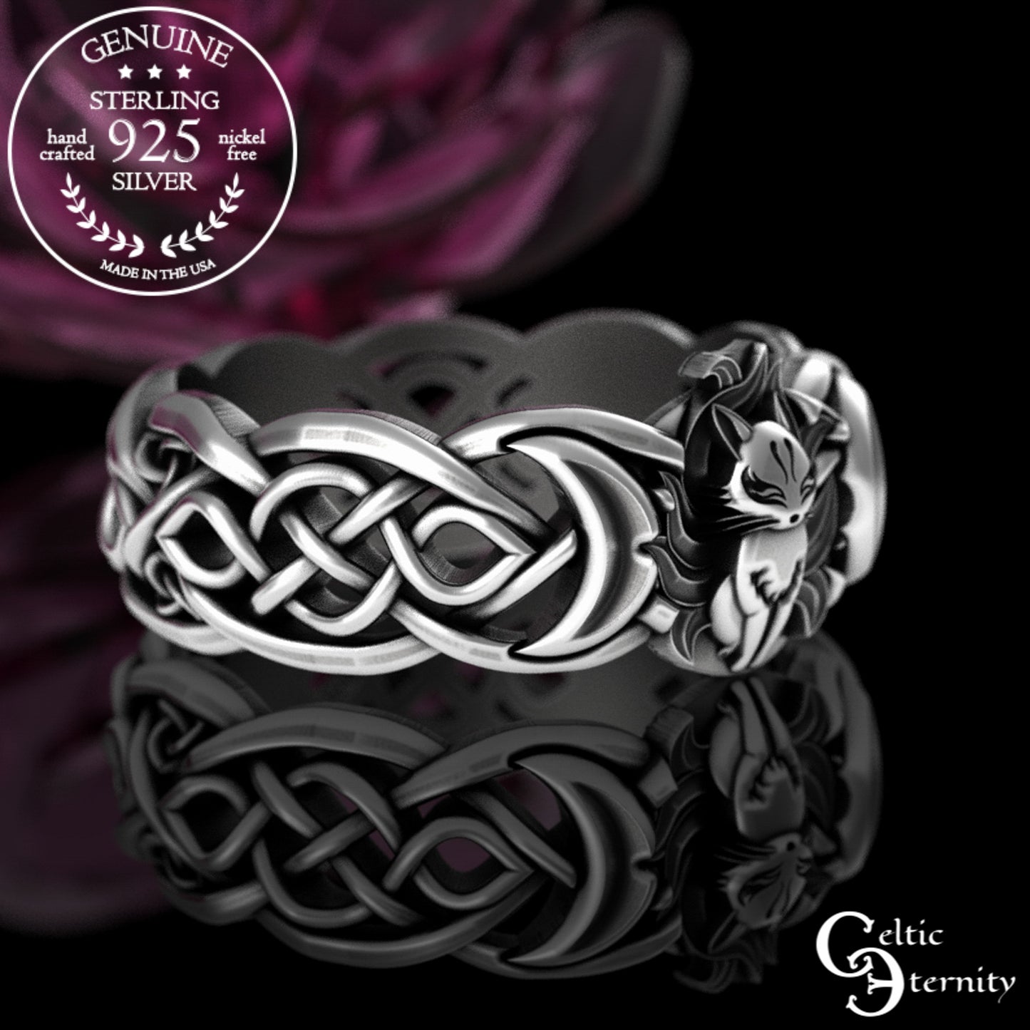 Sterling Silver Japanese Fox & Celtic Moon Wedding Band, 3194