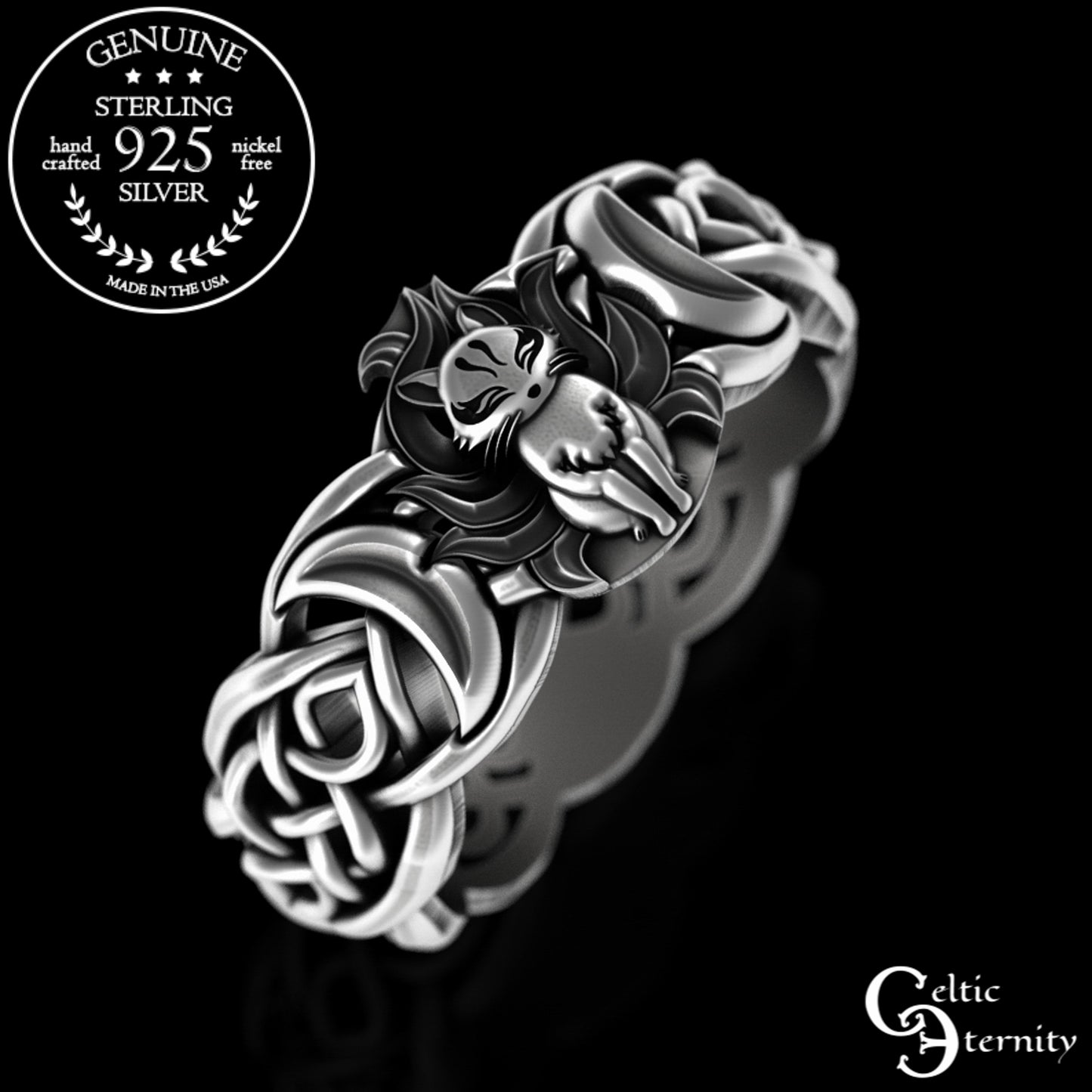 Sterling Silver Japanese Fox & Celtic Moon Wedding Band, 3194