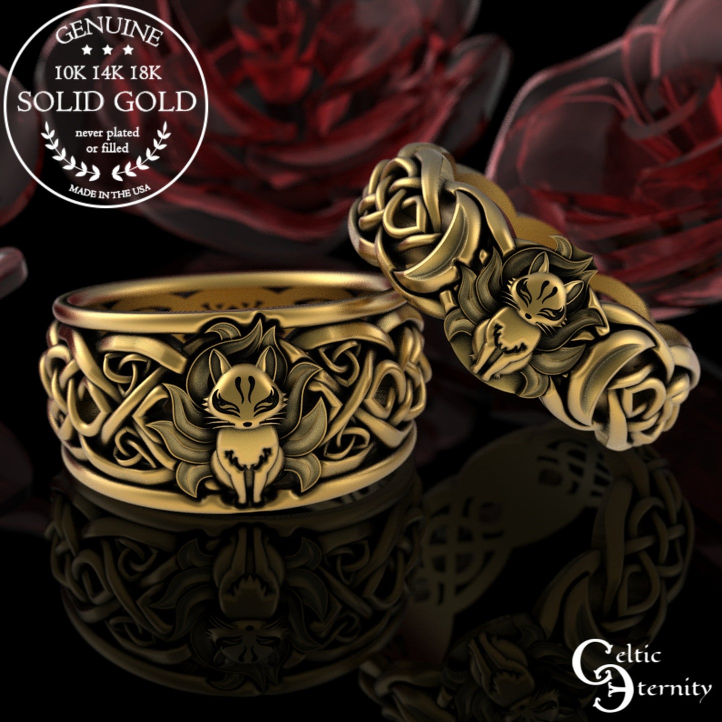 Sterling Silver Japanese Fox & Celtic Moon Wedding Band, 3194