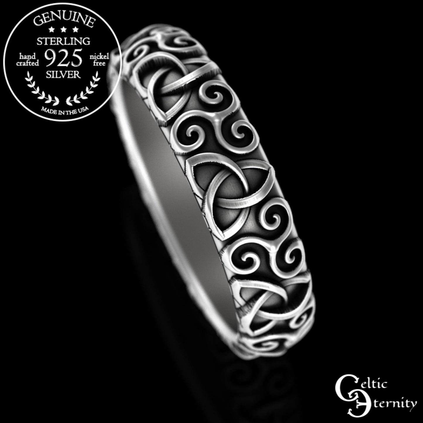 Sterling Woman's Triskelion & Trinity Knot Celtic Wedding Band, 3209