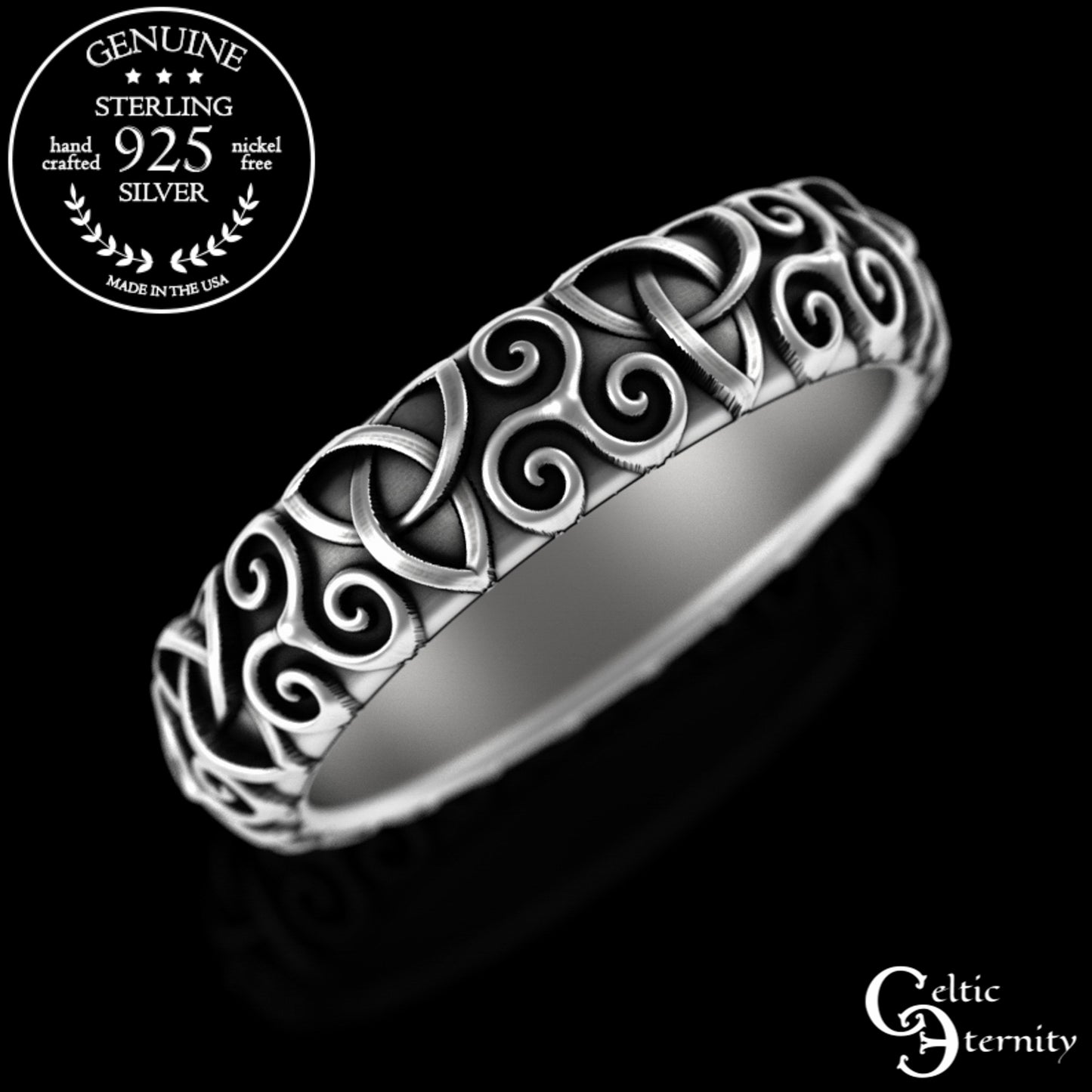 Sterling Woman's Triskelion & Trinity Knot Celtic Wedding Band, 3209