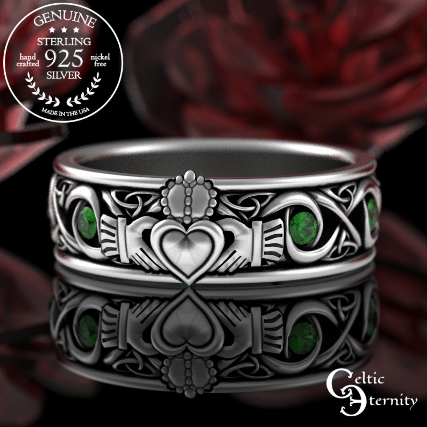 Sterling Men's Infinity Emerald Claddagh Wedding Band, 3218