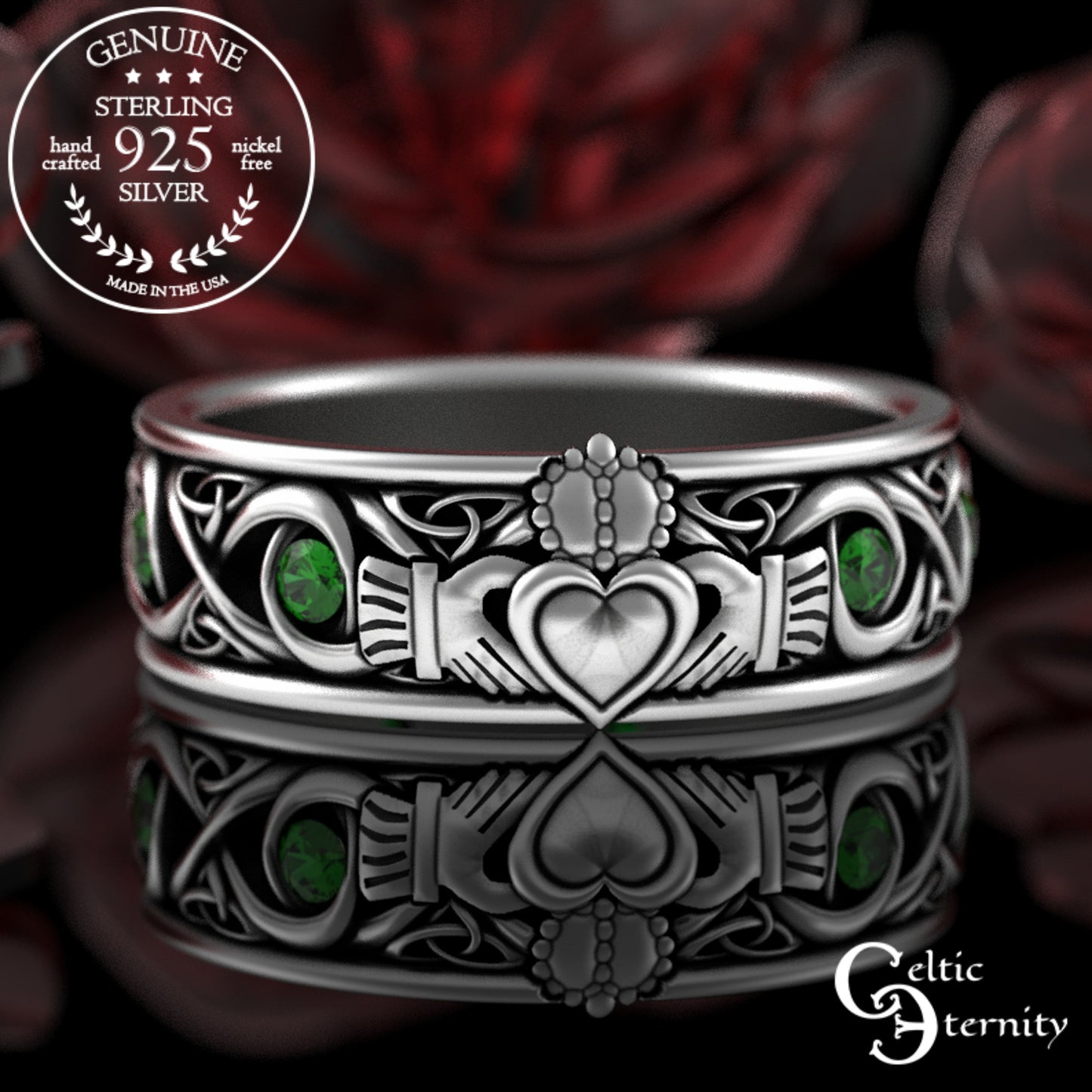 Sterling Men's Infinity Emerald Claddagh Wedding Band, 3218