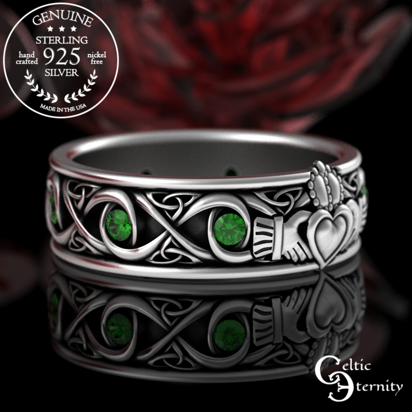 Sterling Men's Infinity Emerald Claddagh Wedding Band, 3218