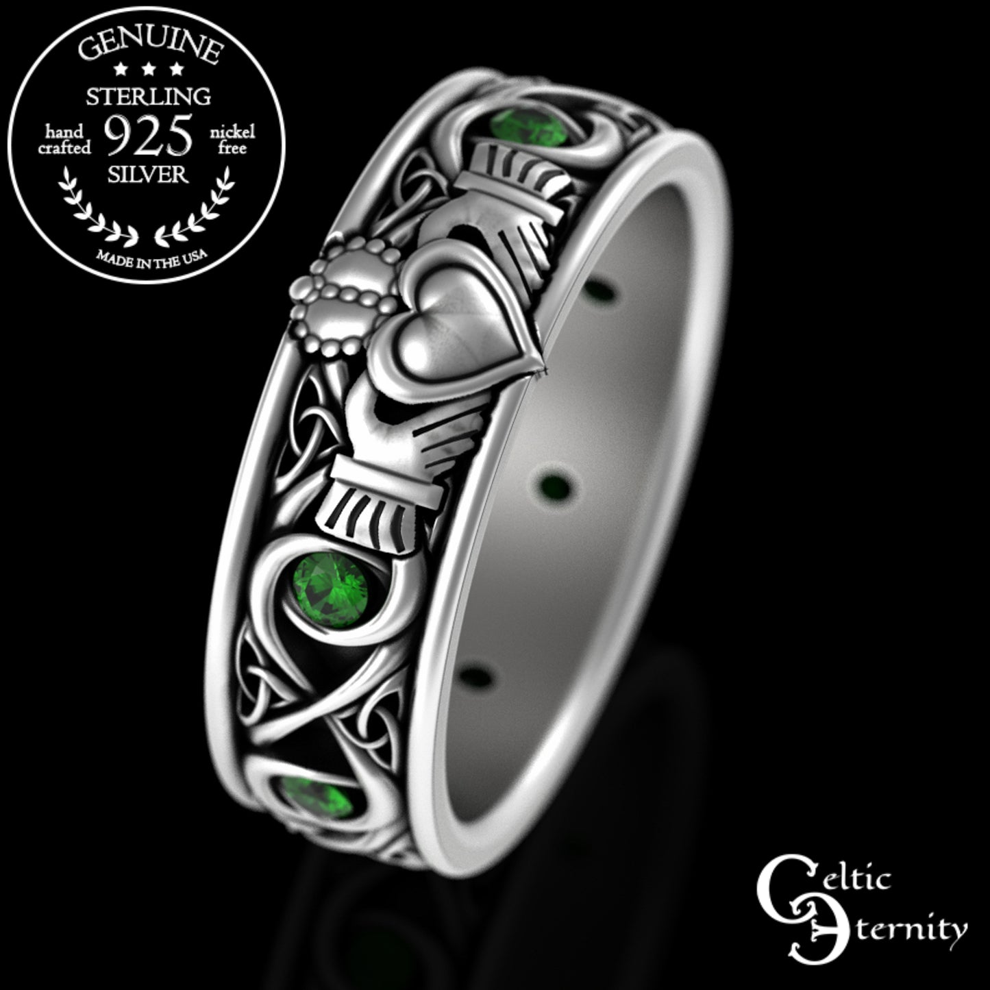 Sterling Men's Infinity Emerald Claddagh Wedding Band, 3218