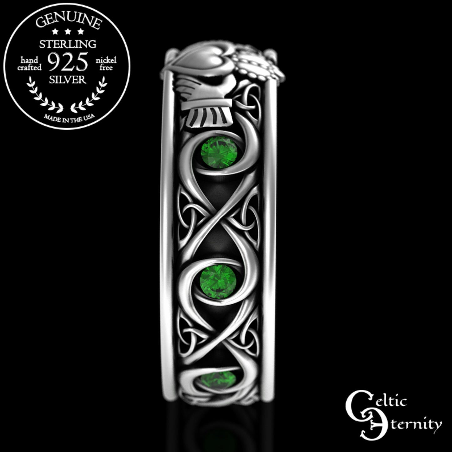 Sterling Men's Infinity Emerald Claddagh Wedding Band, 3218