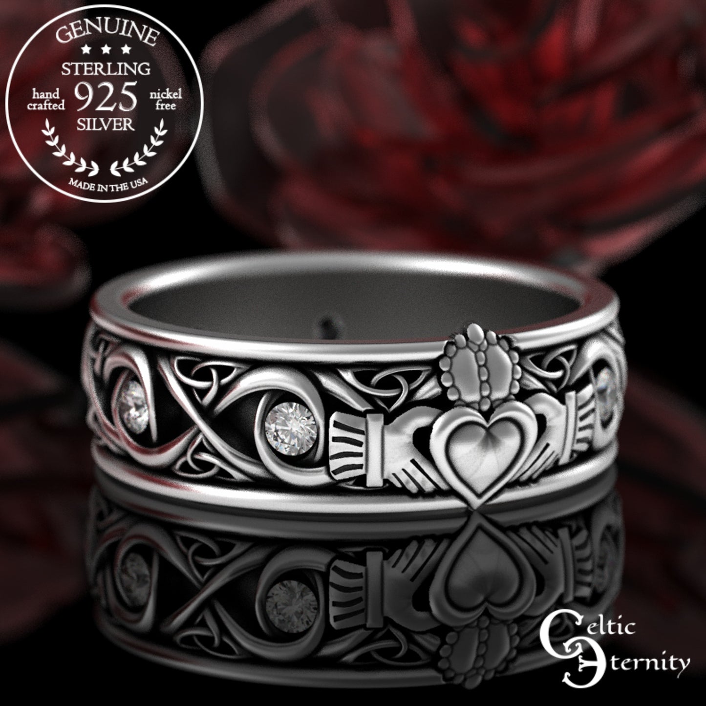 Sterling Men's Infinity Emerald Claddagh Wedding Band, 3218