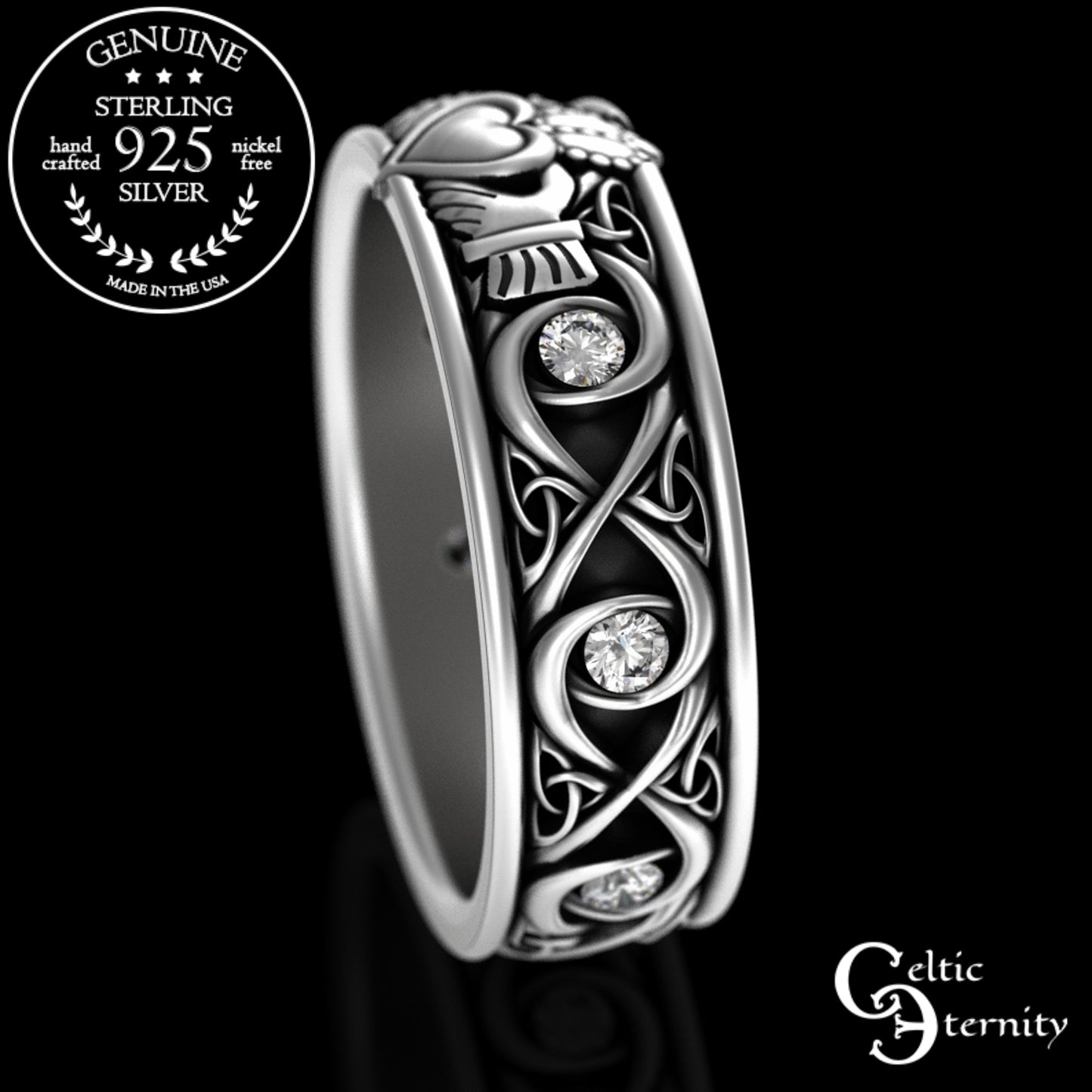 Sterling Men's Infinity Emerald Claddagh Wedding Band, 3218