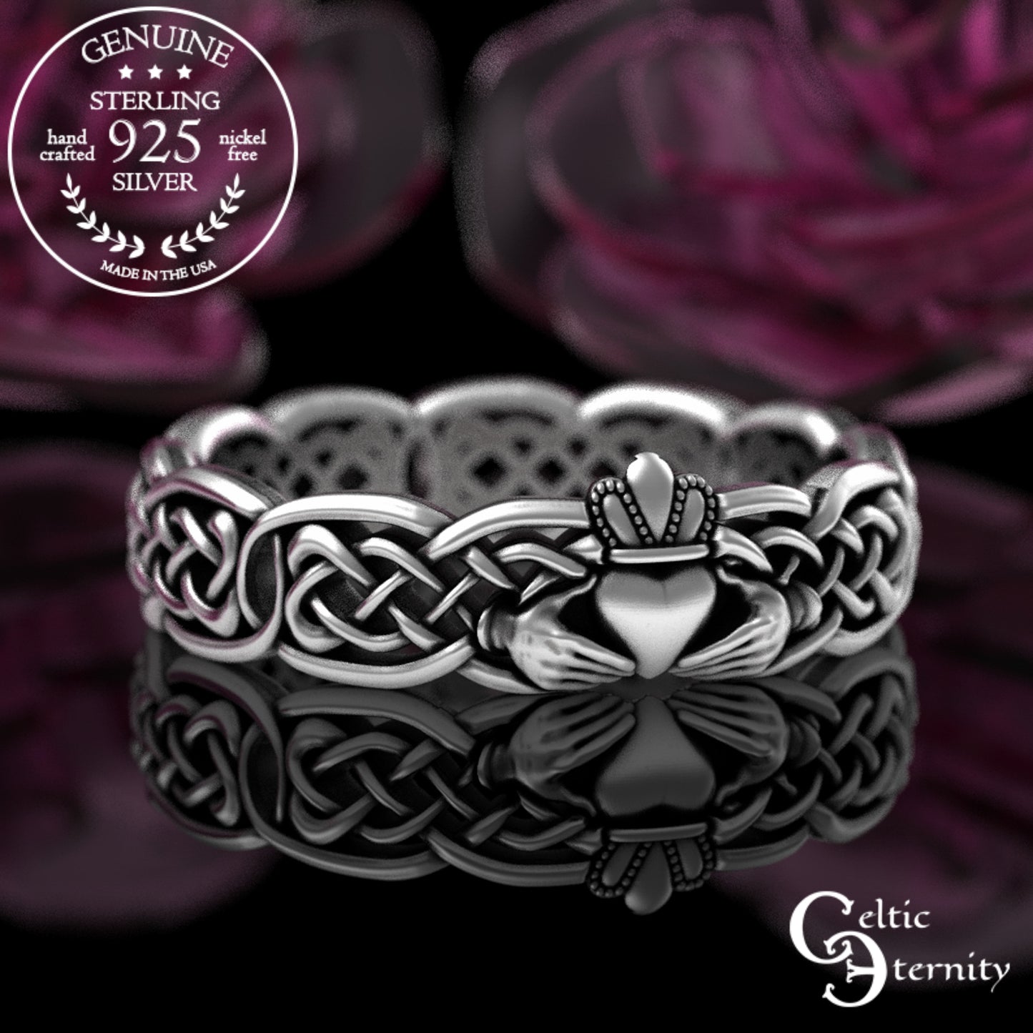 Sterling Bride & Groom Scottish Claddagh Wedding Band Set - Heart Hands Crown, 3220 3224