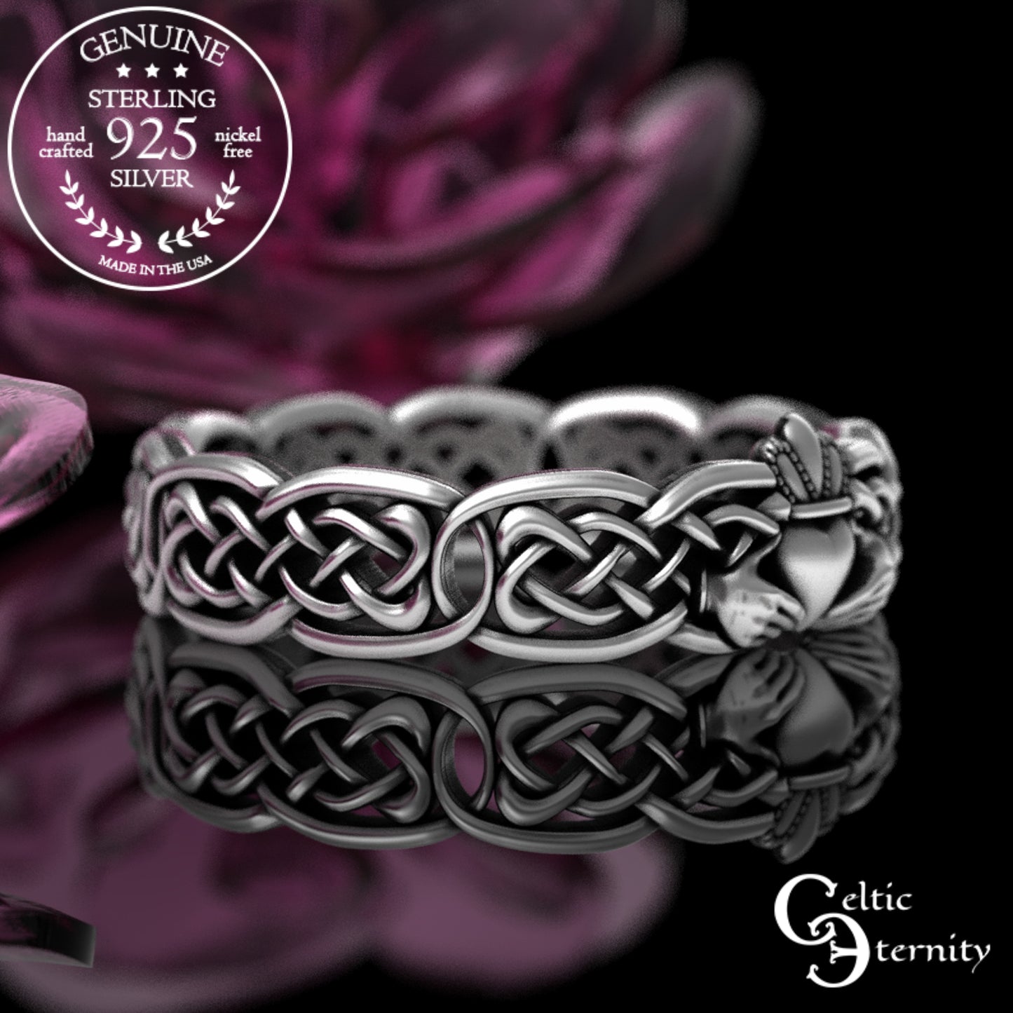 Sterling Bride & Groom Scottish Claddagh Wedding Band Set - Heart Hands Crown, 3220 3224