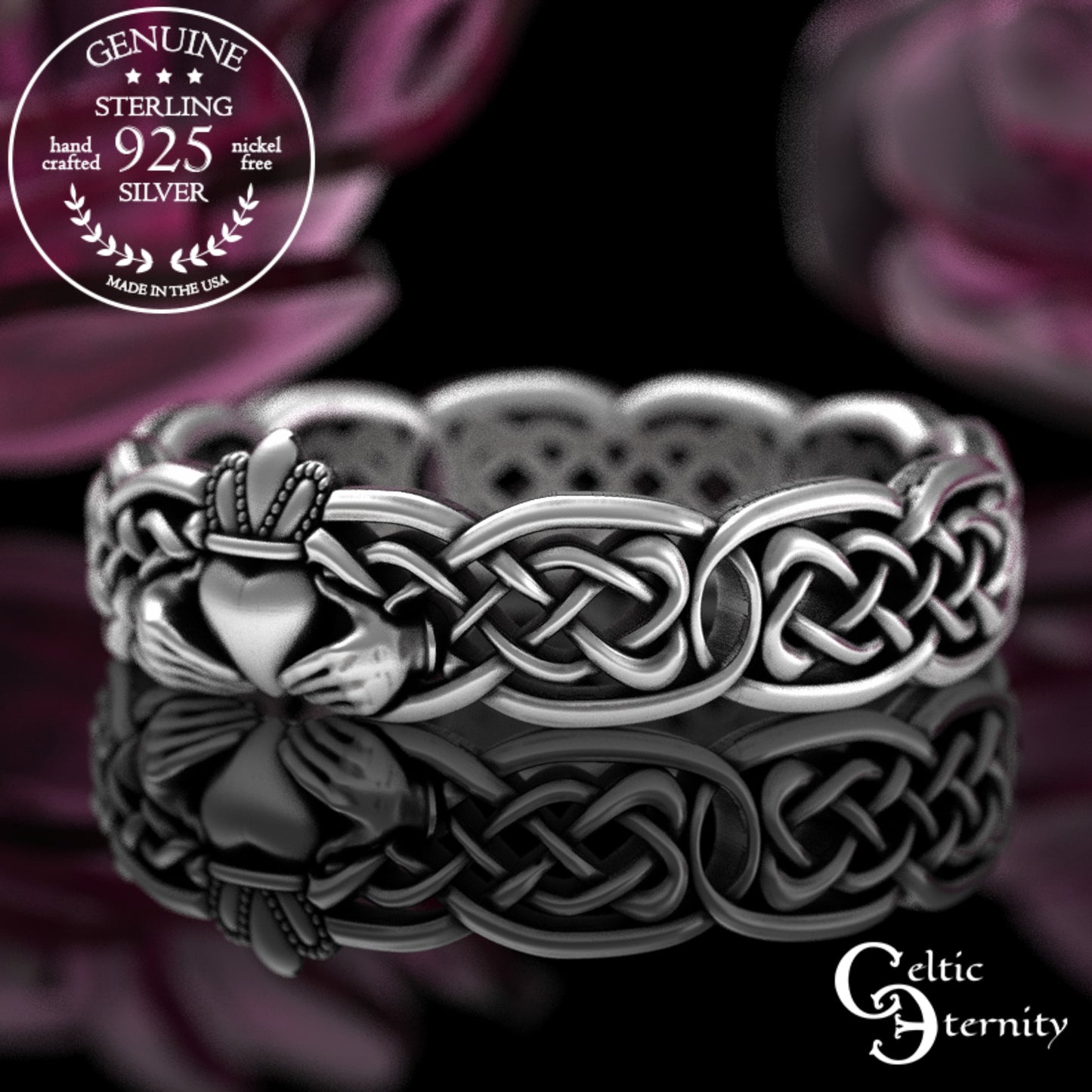 Sterling Bride & Groom Scottish Claddagh Wedding Band Set - Heart Hands Crown, 3220 3224