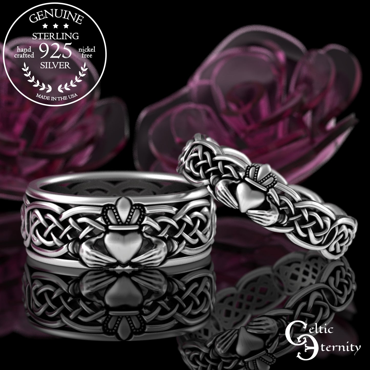Sterling Bride & Groom Scottish Claddagh Wedding Band Set - Heart Hands Crown, 3220 3224