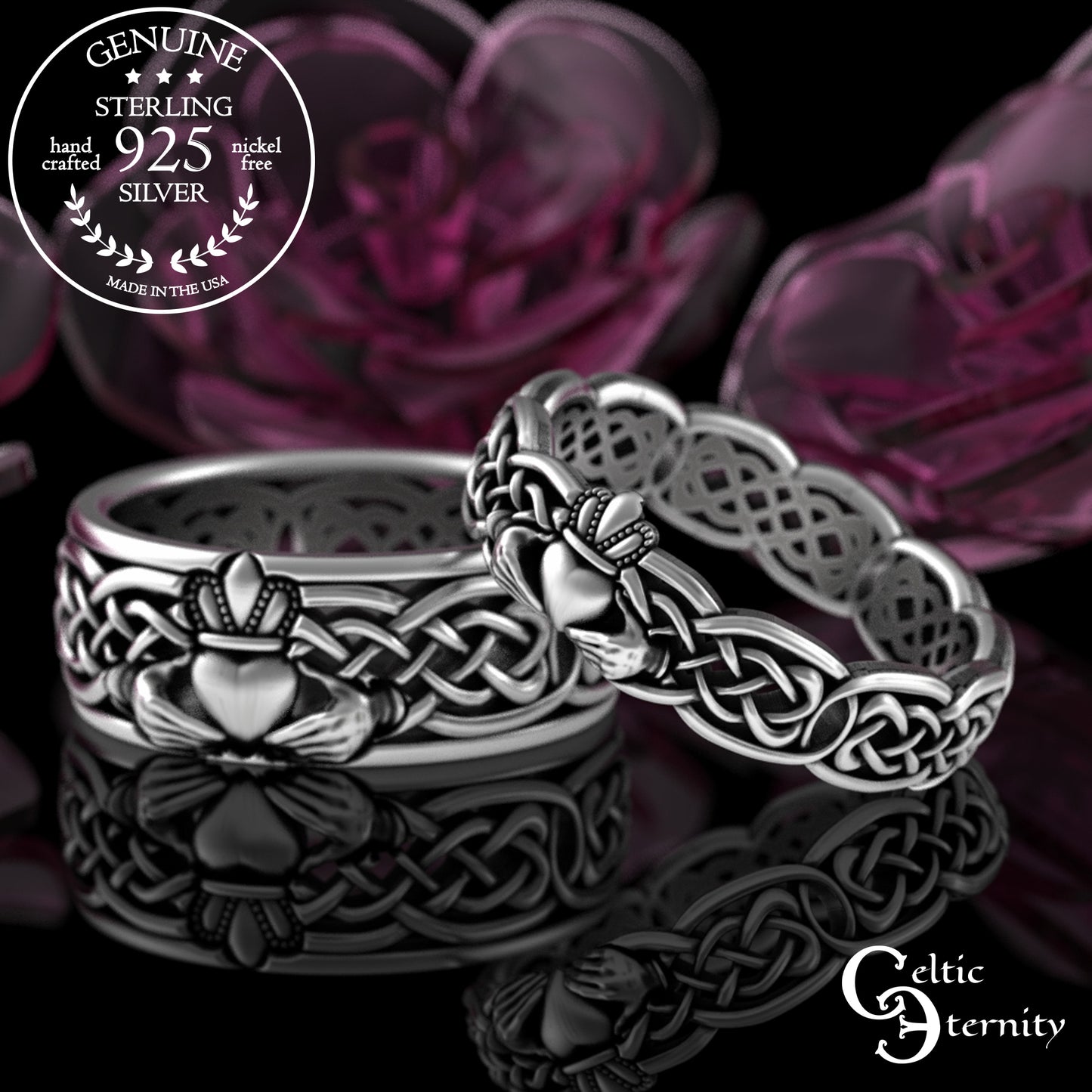 Sterling Bride & Groom Scottish Claddagh Wedding Band Set - Heart Hands Crown, 3220 3224