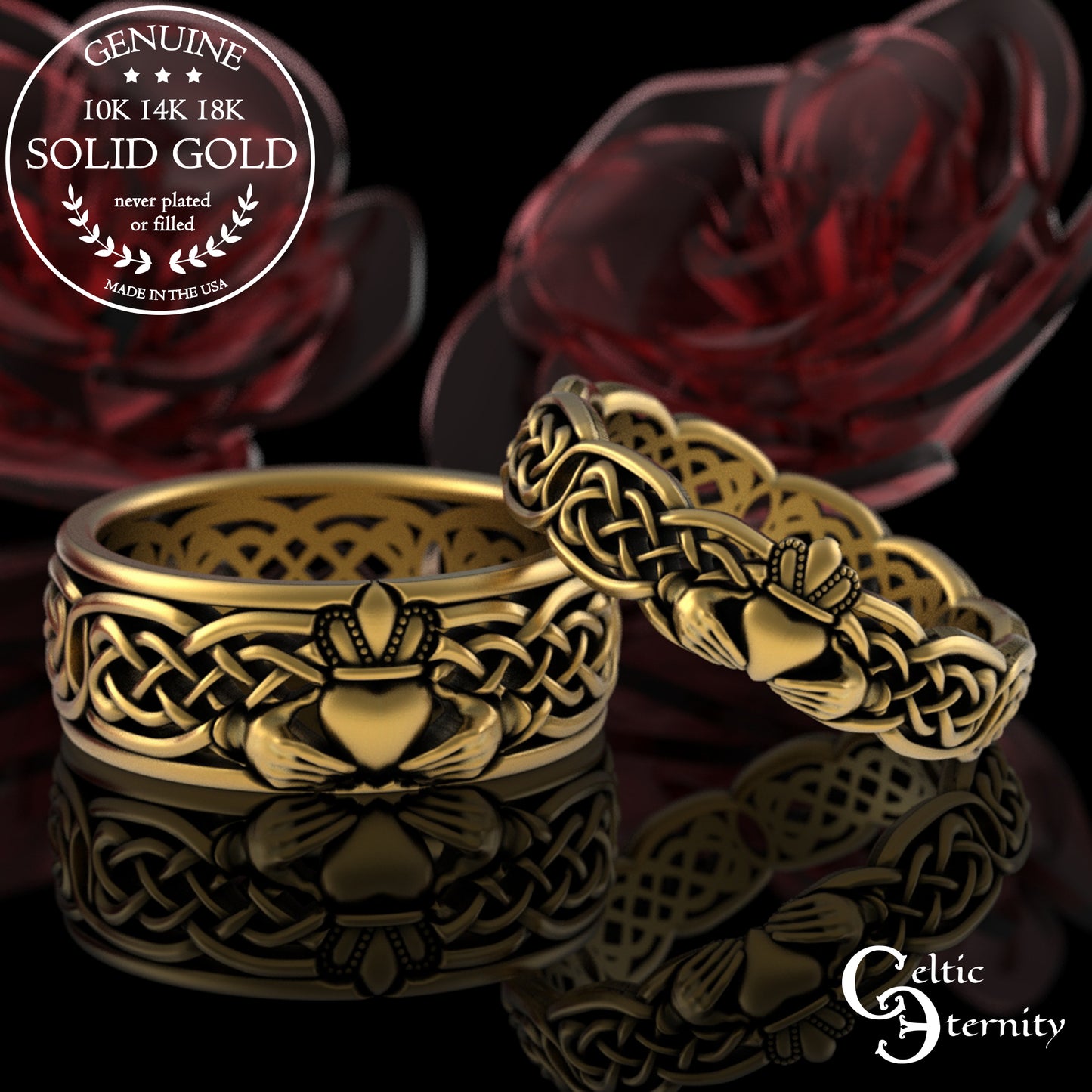 Sterling Bride & Groom Scottish Claddagh Wedding Band Set - Heart Hands Crown, 3220 3224