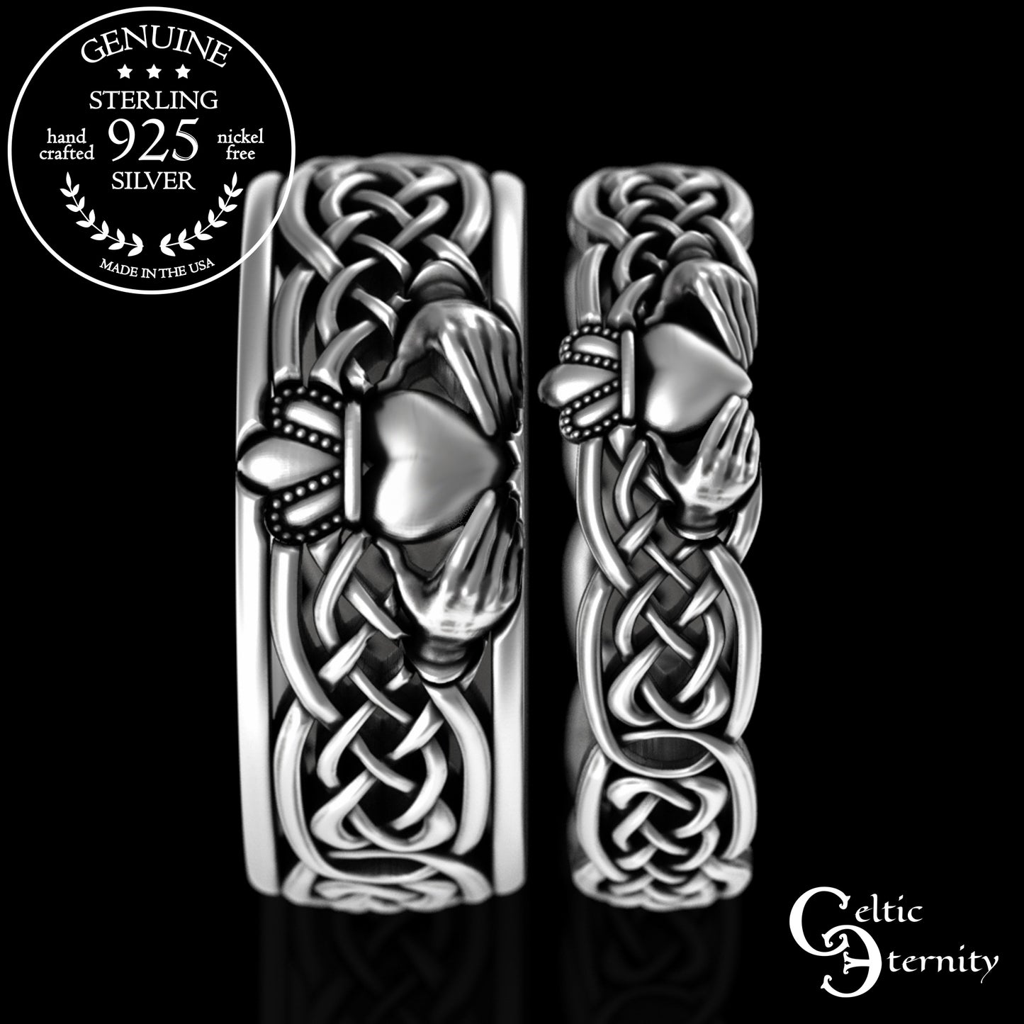 Sterling Bride & Groom Scottish Claddagh Wedding Band Set - Heart Hands Crown, 3220 3224
