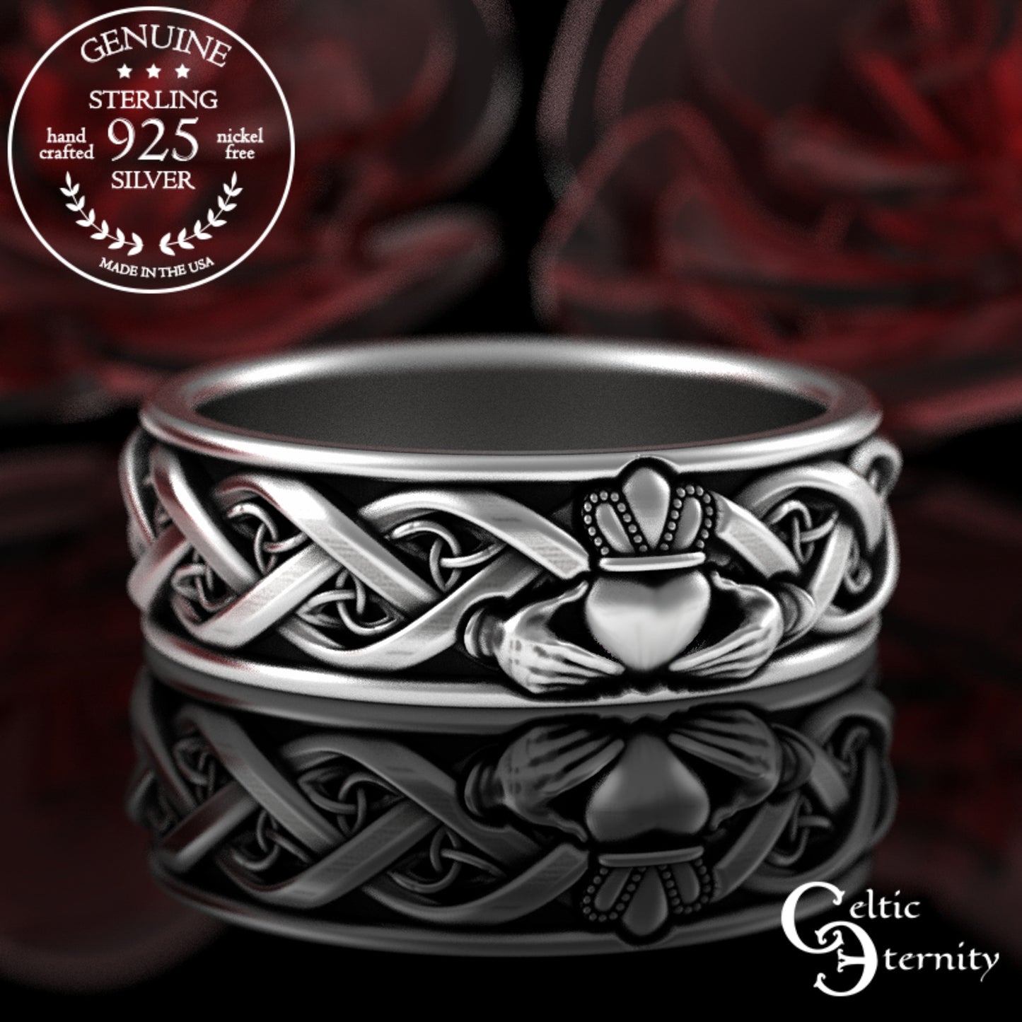 Sterling Silver Celtic Claddagh Matching Wedding Band Set, 3280 3222