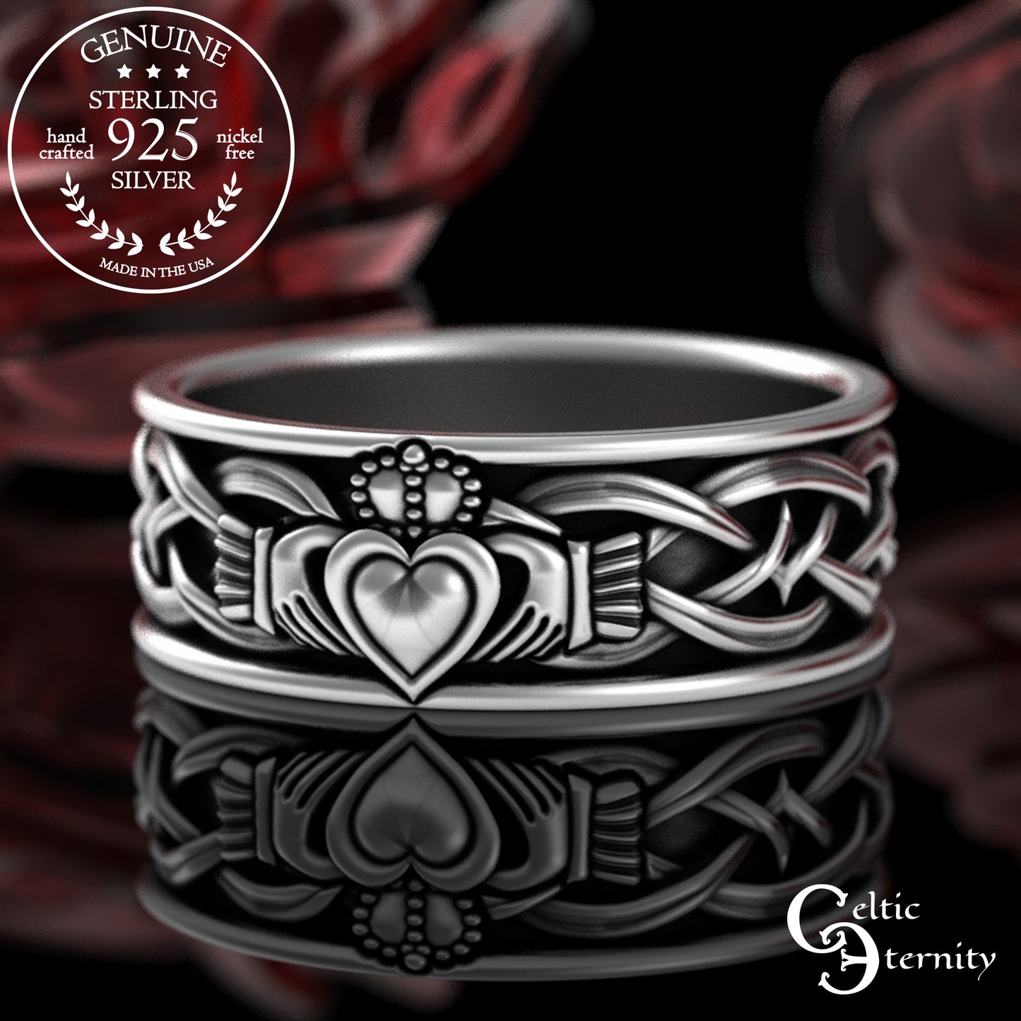 Sterling Men's Irish Claddagh Wedding Band - Heart Hands Crown, 3223