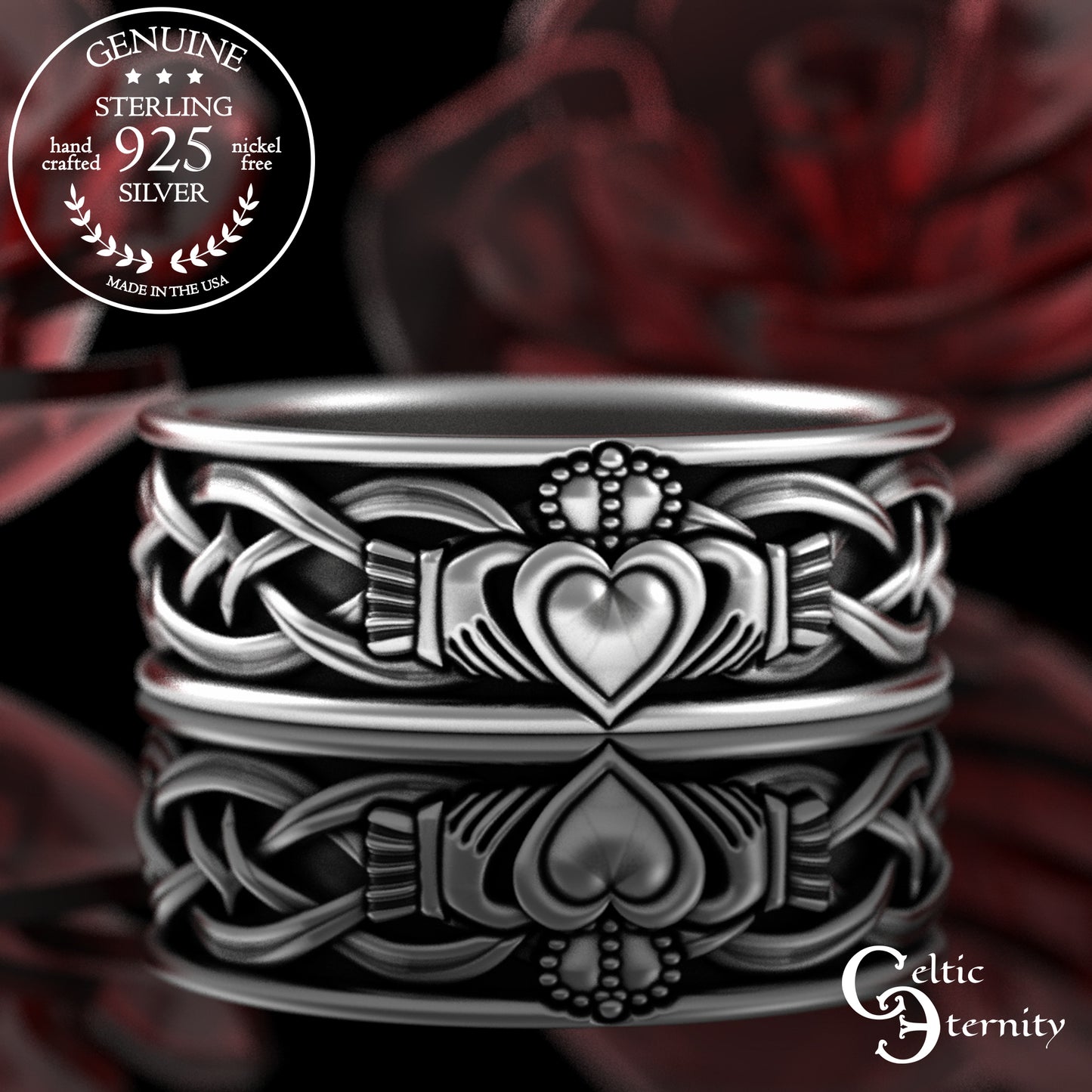 Sterling Men's Irish Claddagh Wedding Band - Heart Hands Crown, 3223