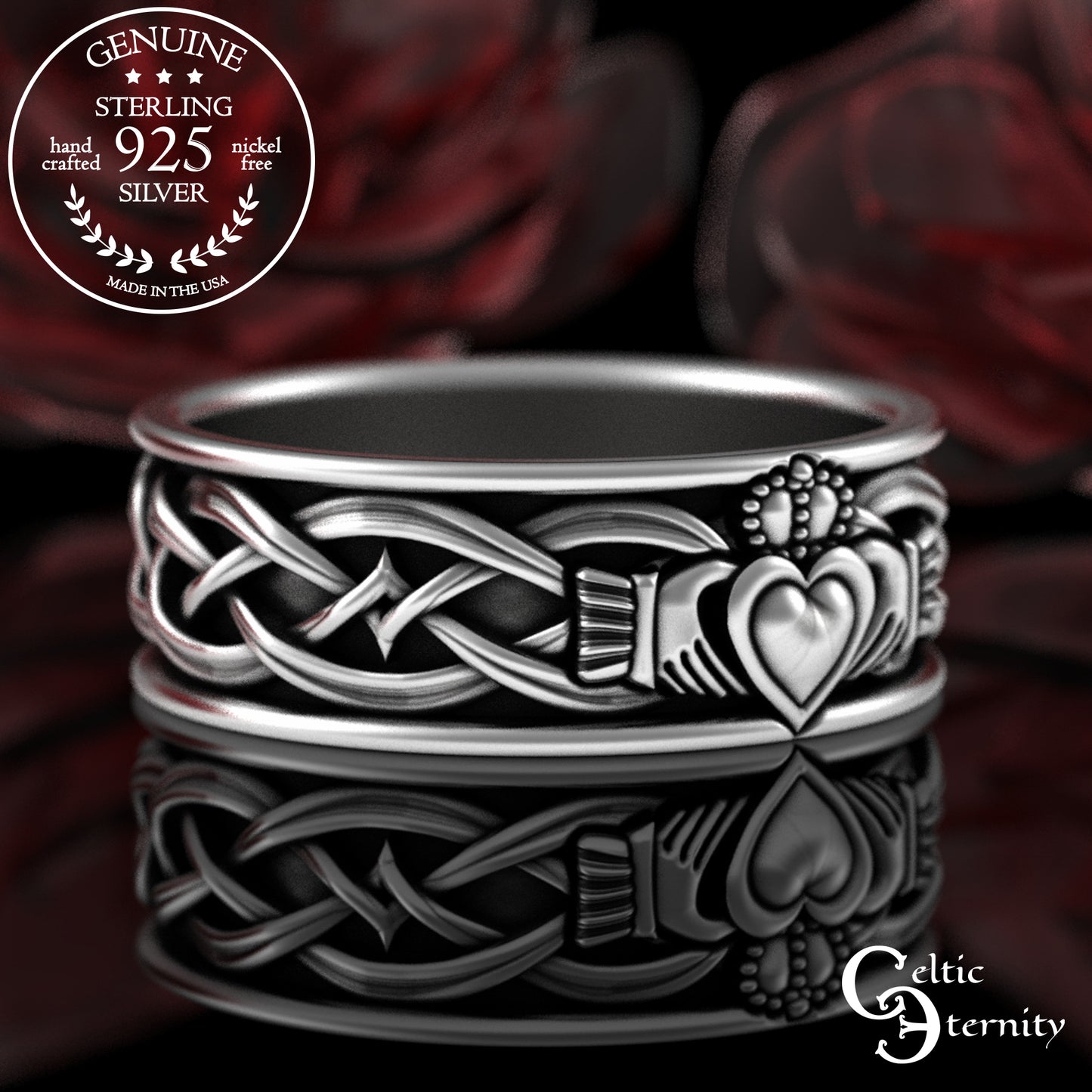 Sterling Men's Irish Claddagh Wedding Band - Heart Hands Crown, 3223