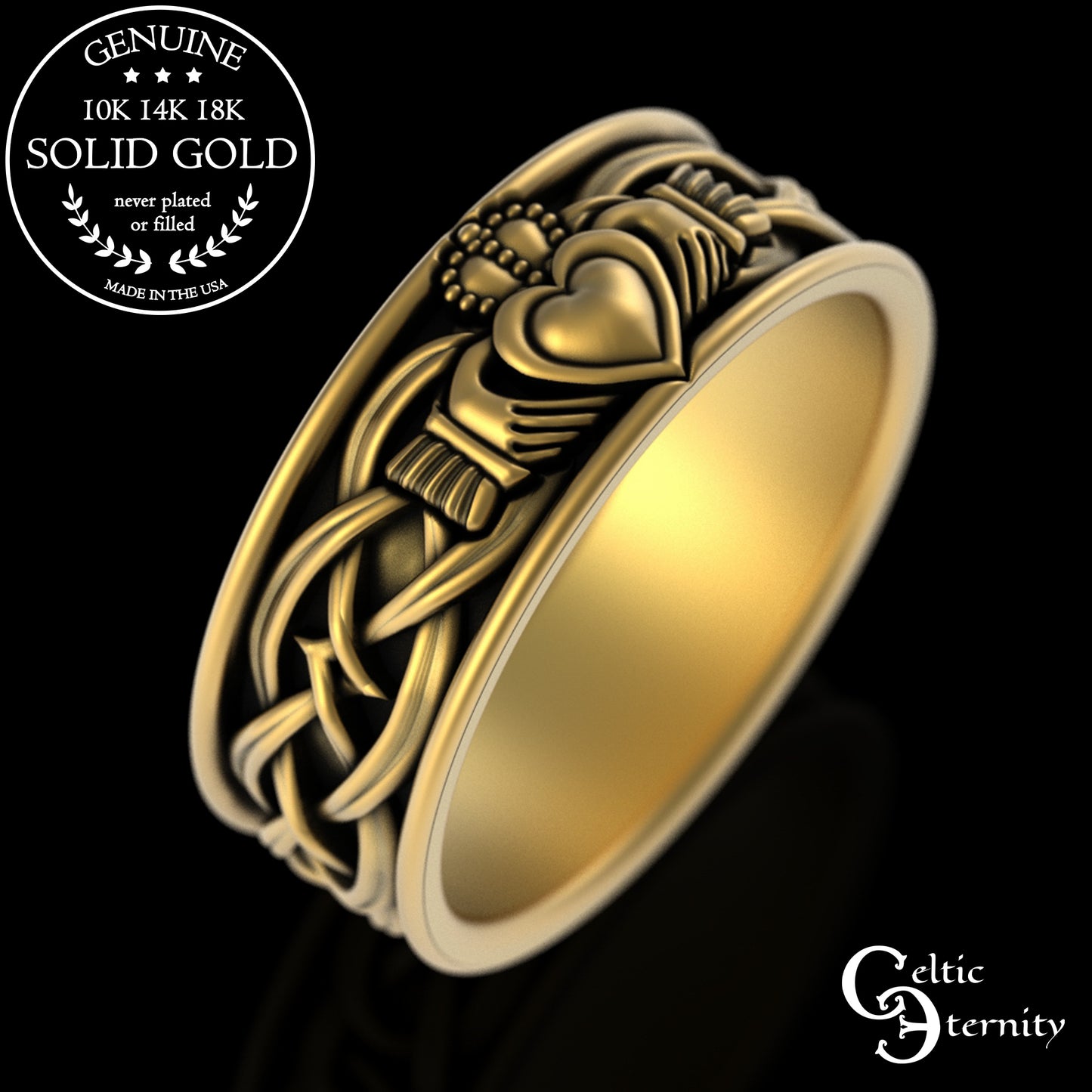 Sterling Men's Irish Claddagh Wedding Band - Heart Hands Crown, 3223