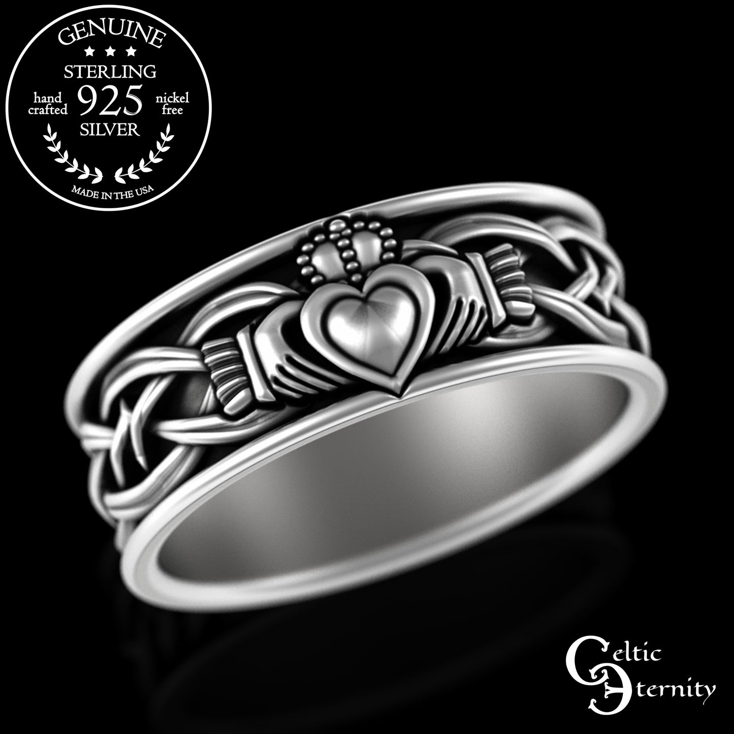 Sterling Men's Irish Claddagh Wedding Band - Heart Hands Crown, 3223