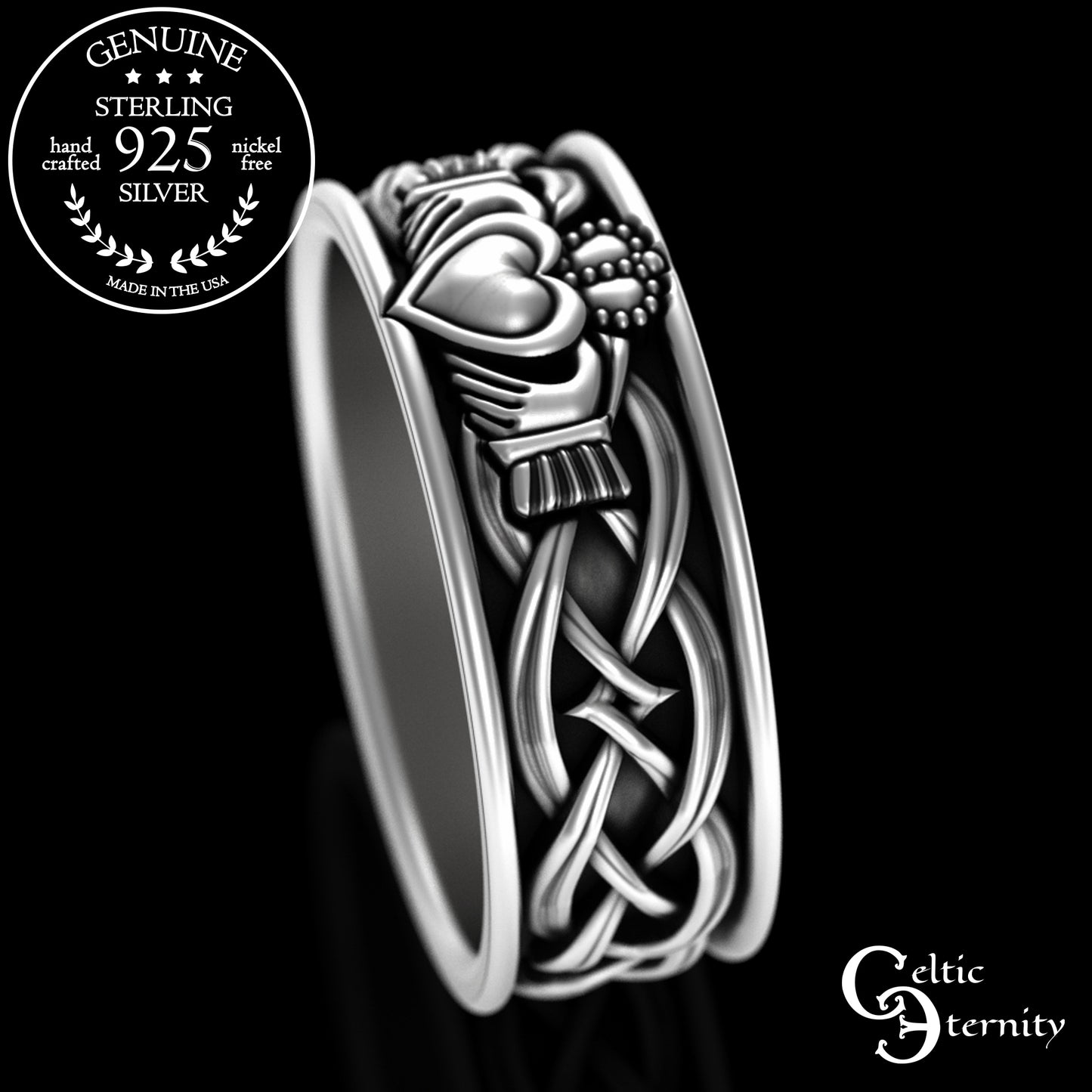 Sterling Men's Irish Claddagh Wedding Band - Heart Hands Crown, 3223