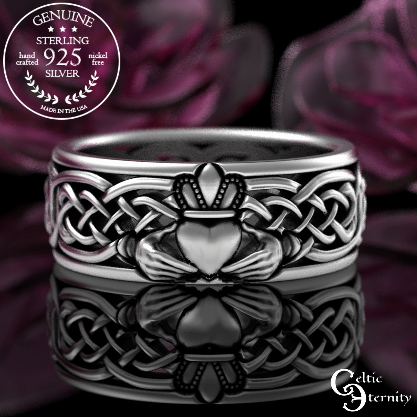 Sterling Bride & Groom Scottish Claddagh Wedding Band Set - Heart Hands Crown, 3220 3224