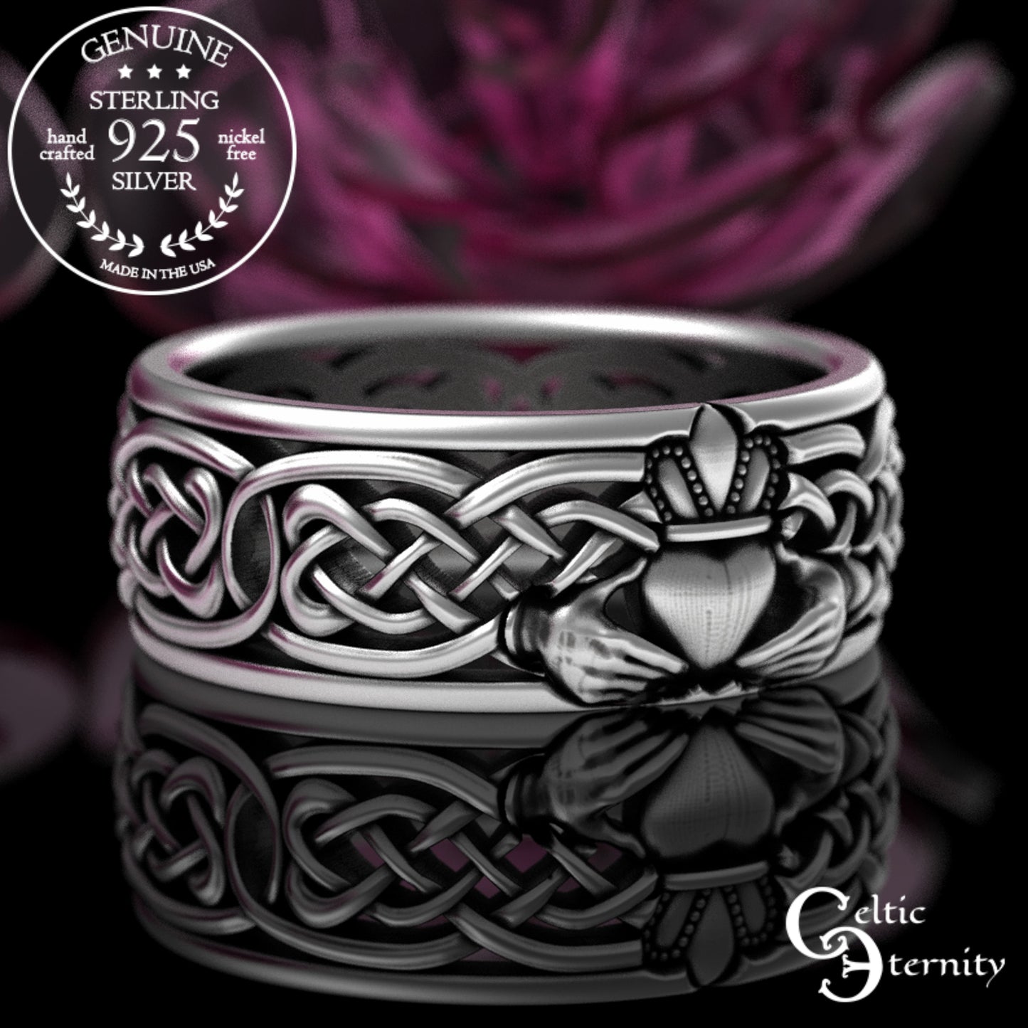 Sterling Bride & Groom Scottish Claddagh Wedding Band Set - Heart Hands Crown, 3220 3224