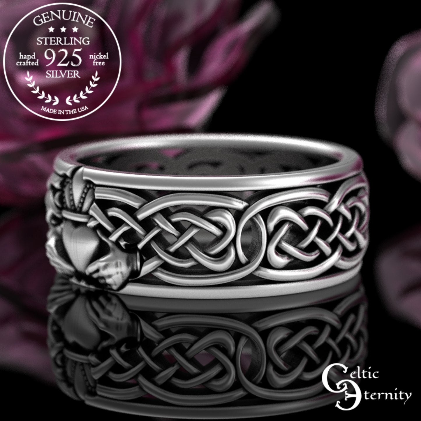 Sterling Bride & Groom Scottish Claddagh Wedding Band Set - Heart Hands Crown, 3220 3224