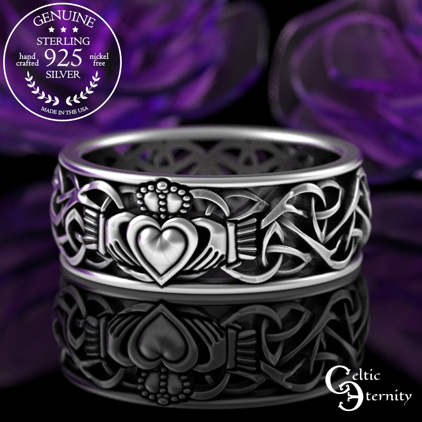Men's Sterling Classic Irish Claddagh Wedding Band with Trinity Knots, 3237