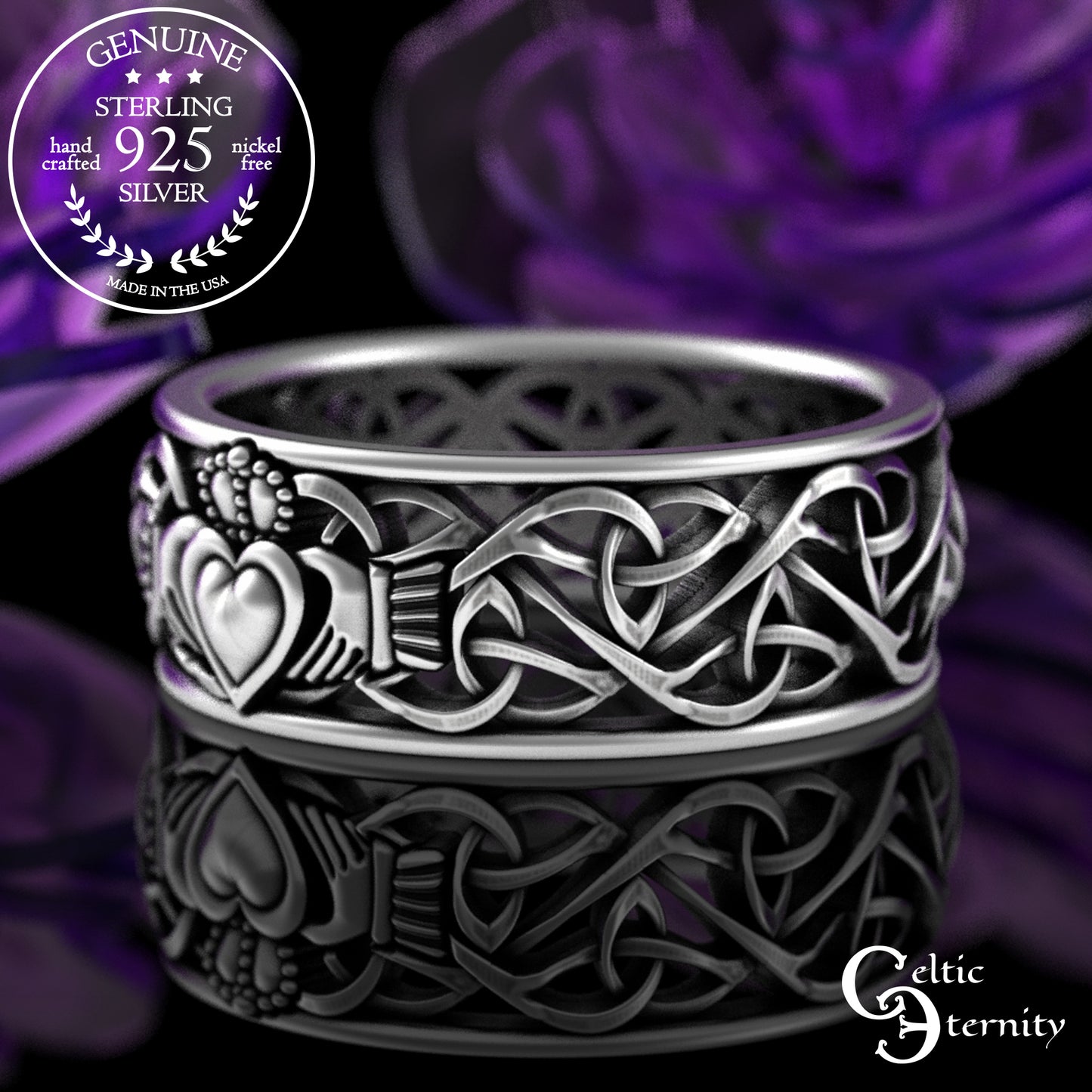 Men's Sterling Classic Irish Claddagh Wedding Band with Trinity Knots, 3237