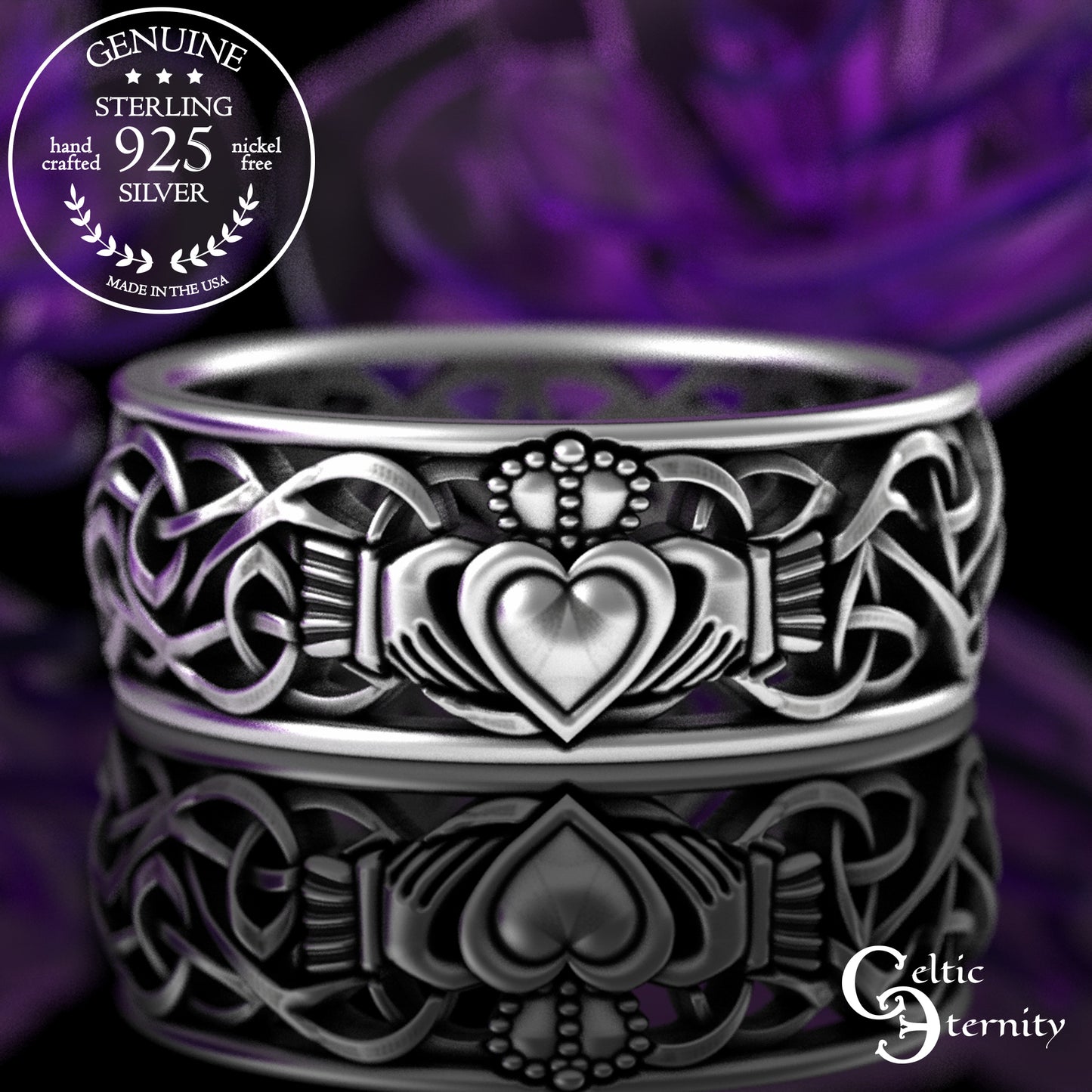 Men's Sterling Classic Irish Claddagh Wedding Band with Trinity Knots, 3237