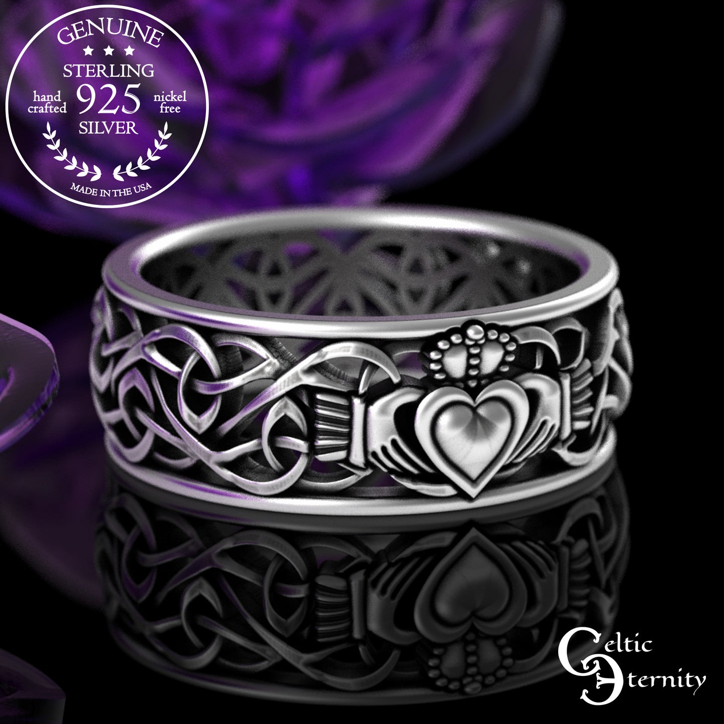 Men's Sterling Classic Irish Claddagh Wedding Band with Trinity Knots, 3237