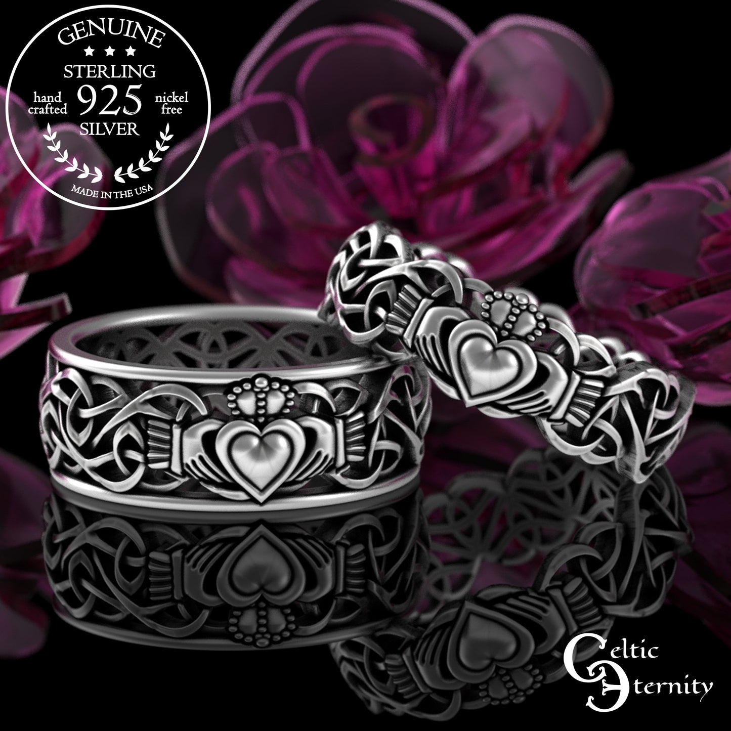Sterling Matching Knotwork Claddagh Wedding Band Set, 3236 3237