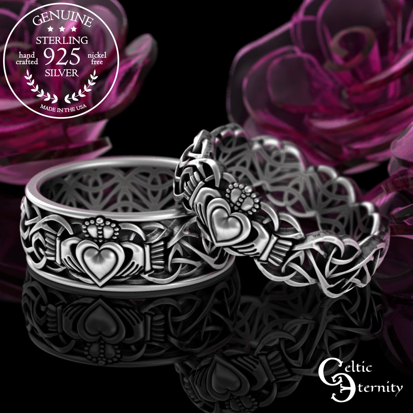 Sterling Matching Knotwork Claddagh Wedding Band Set, 3236 3237