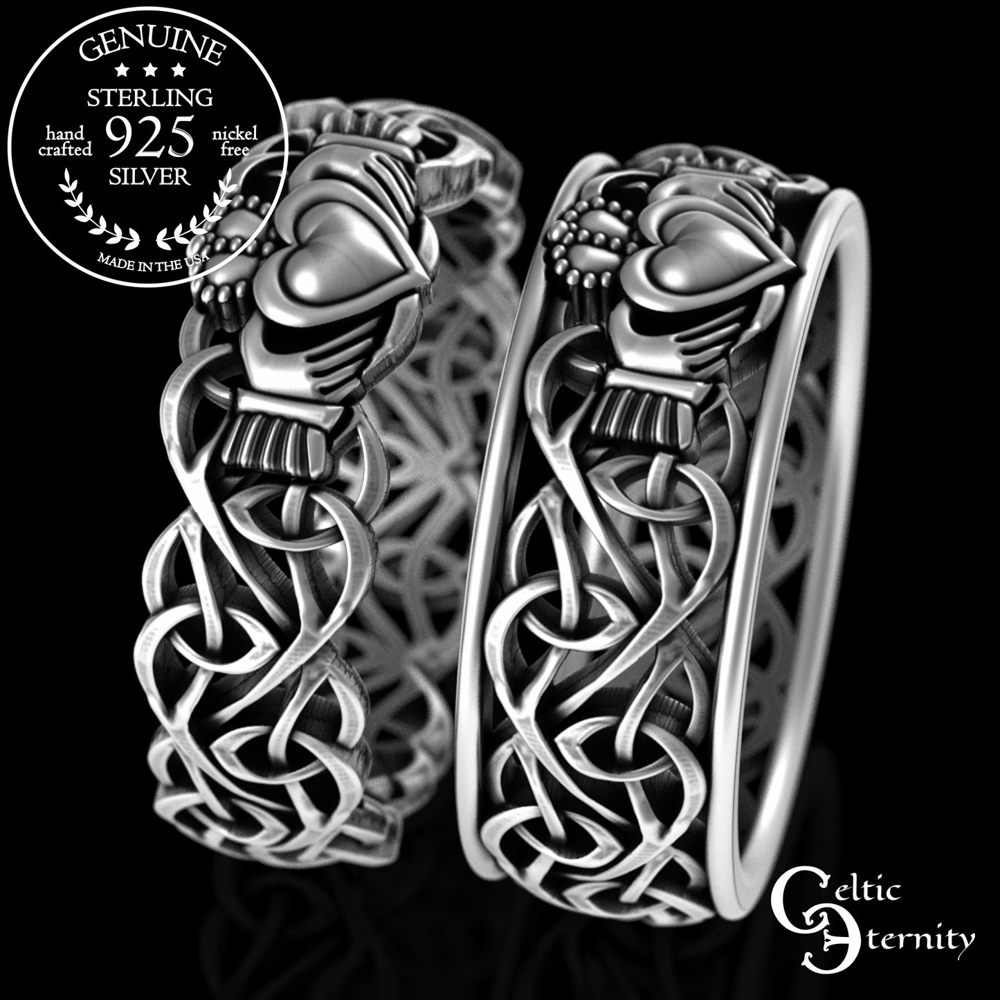 Sterling Matching Knotwork Claddagh Wedding Band Set, 3236 3237
