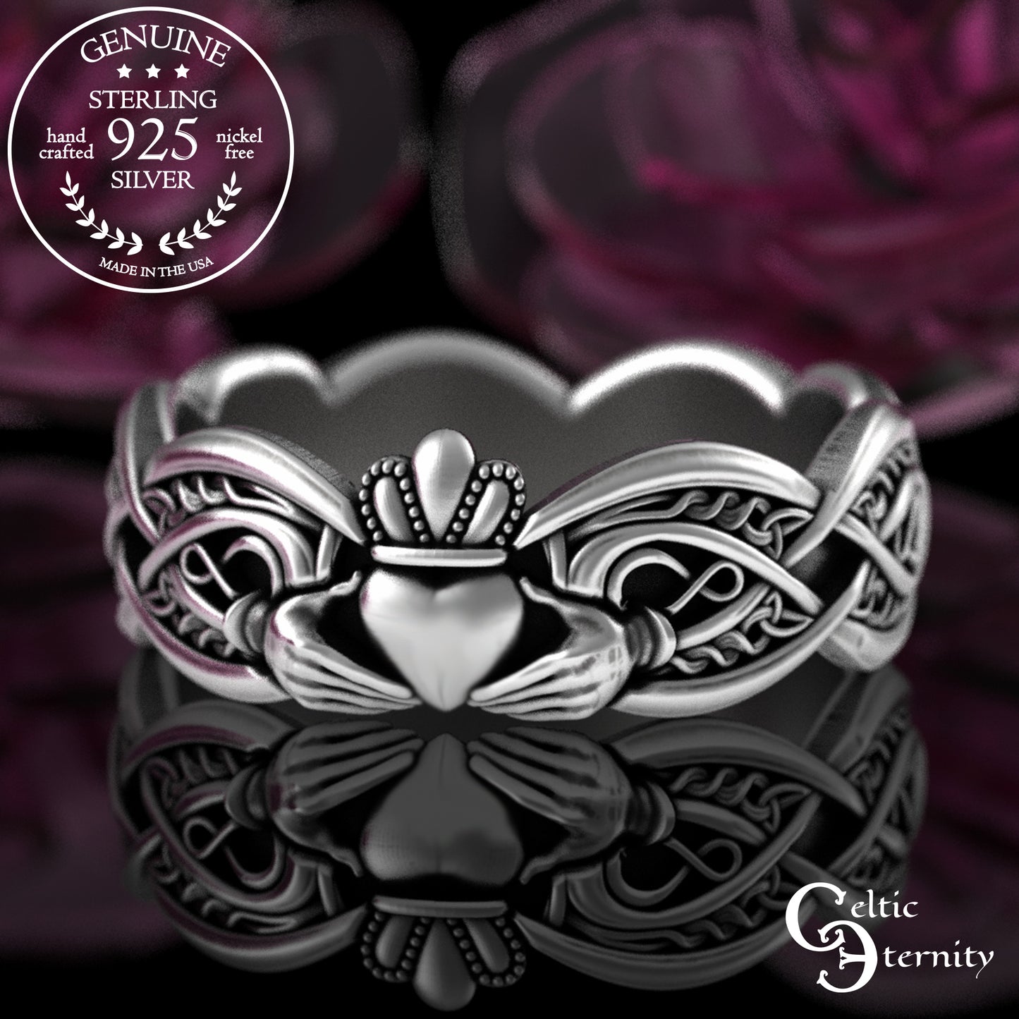 Women's Sterling Celtic Infinity Claddagh Wedding Band - Heart Hands Crown, 3238