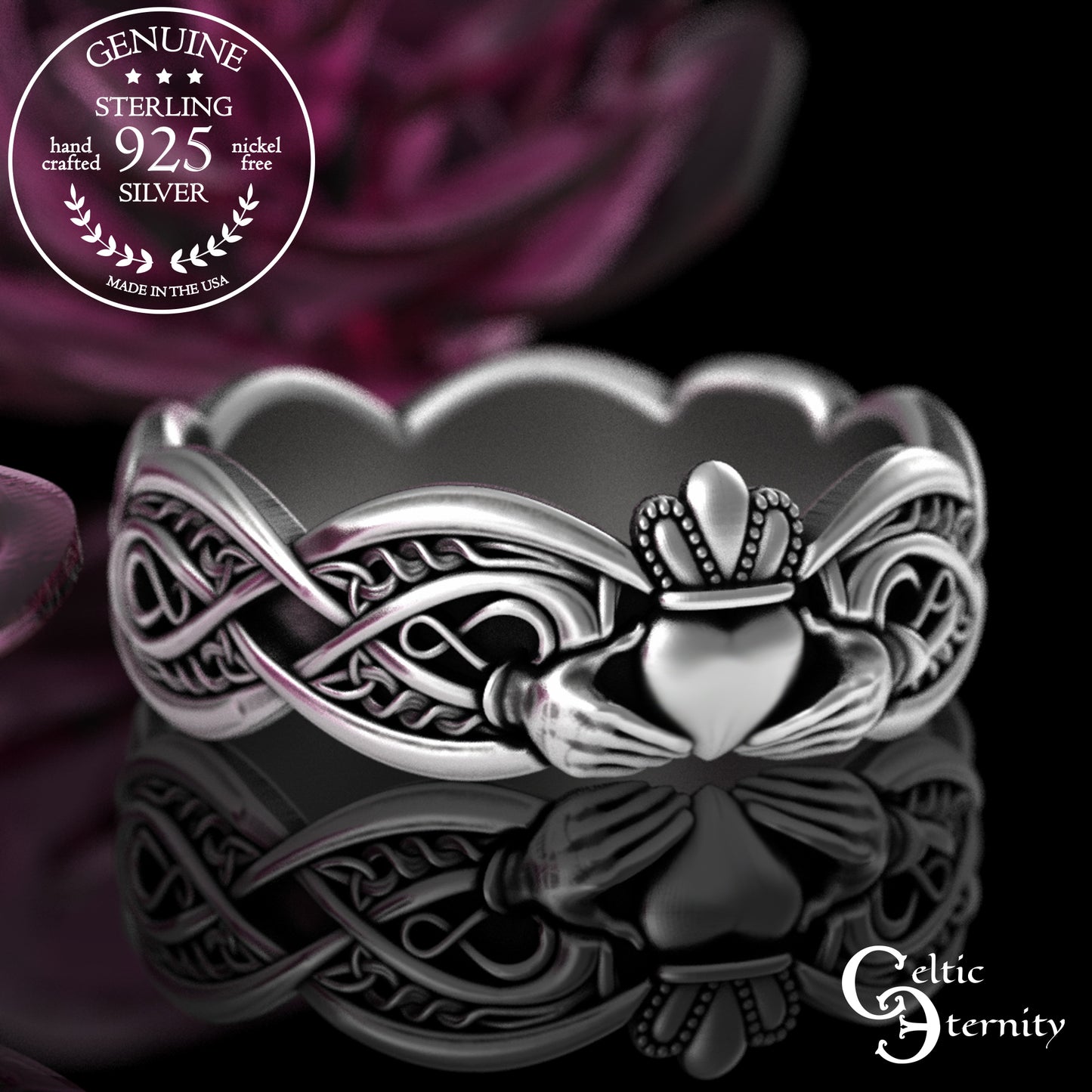 Women's Sterling Celtic Infinity Claddagh Wedding Band - Heart Hands Crown, 3238