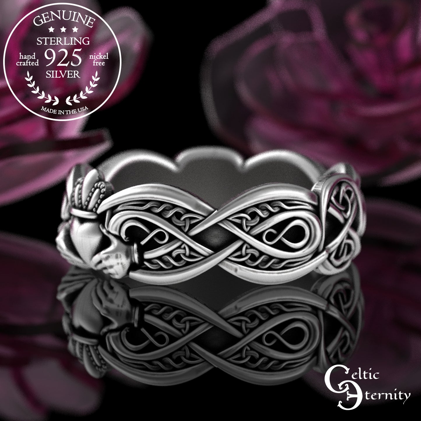 Women's Sterling Celtic Infinity Claddagh Wedding Band - Heart Hands Crown, 3238