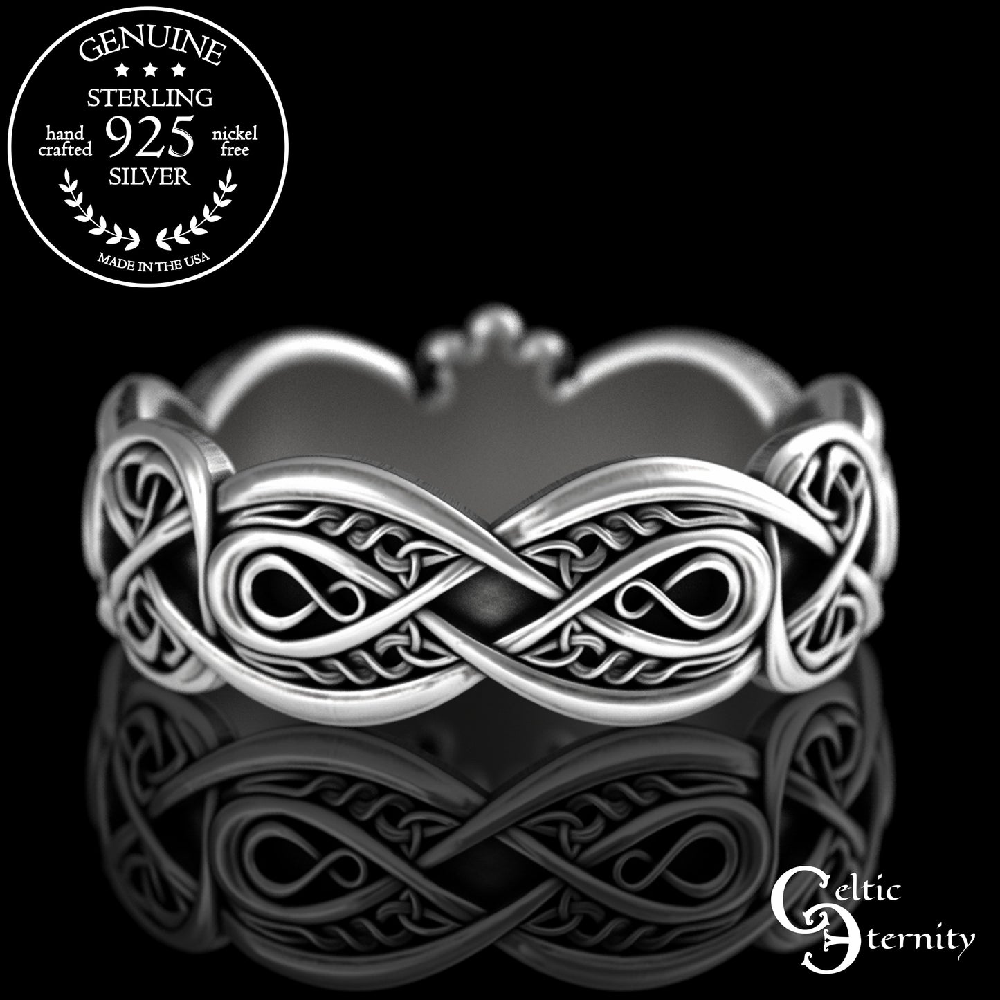 Women's Sterling Celtic Infinity Claddagh Wedding Band - Heart Hands Crown, 3238