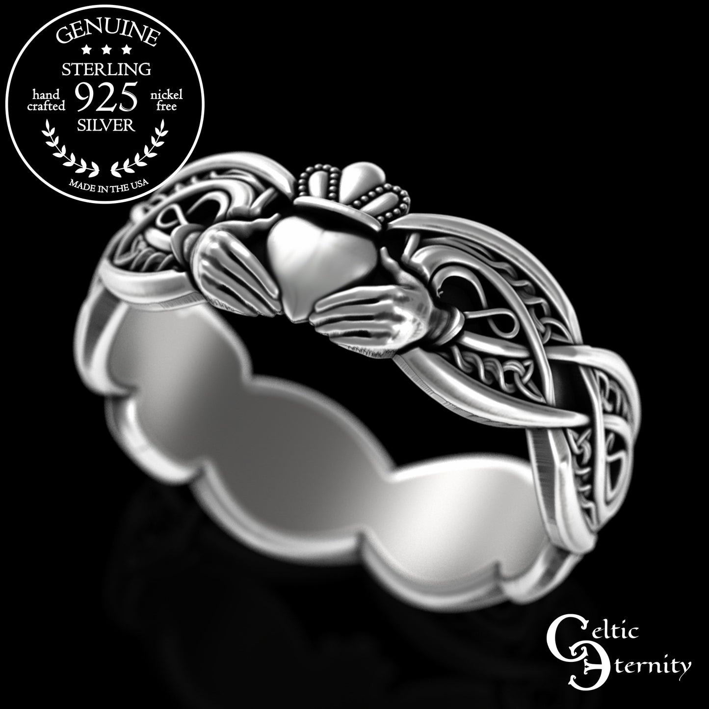 Women's Sterling Celtic Infinity Claddagh Wedding Band - Heart Hands Crown, 3238