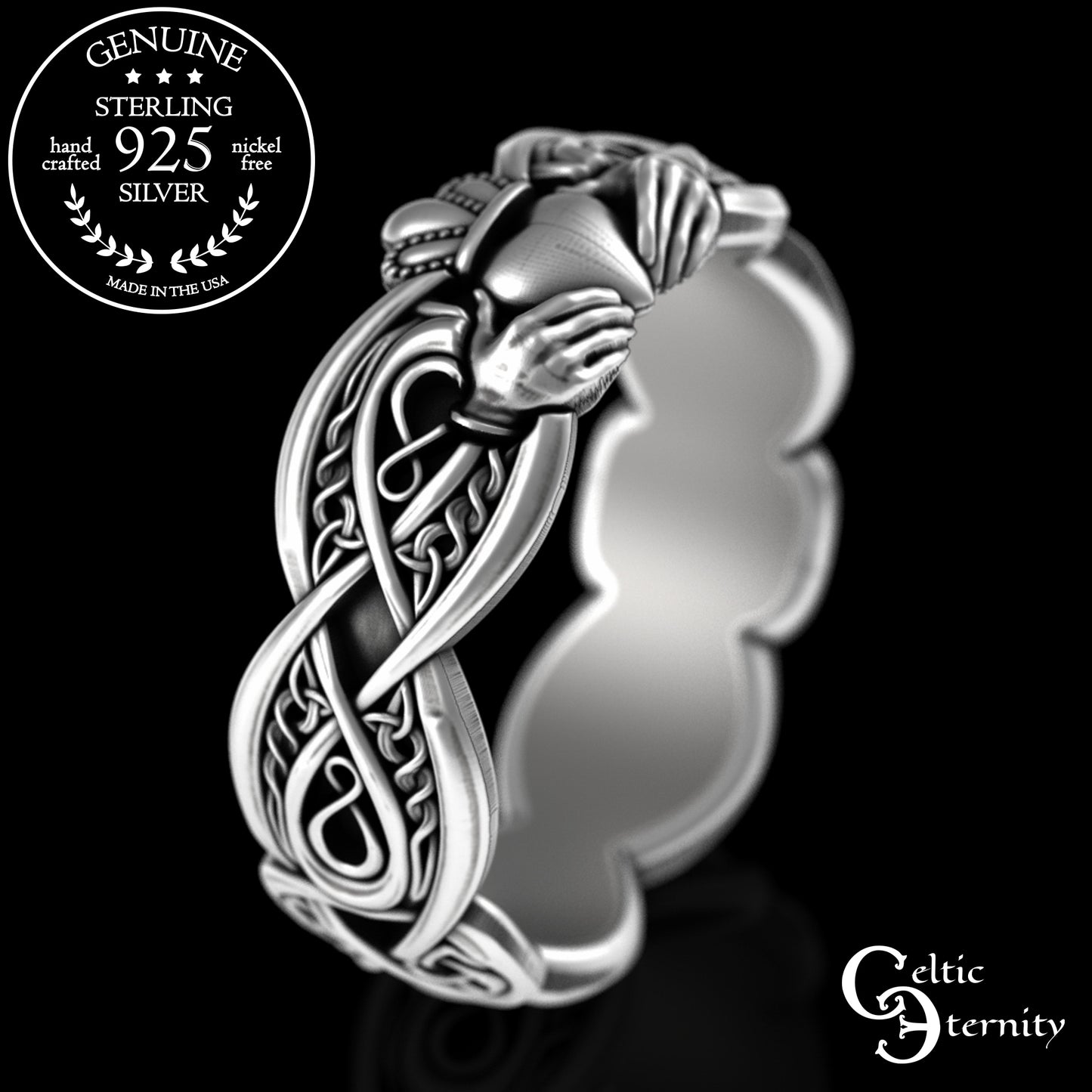 Women's Sterling Celtic Infinity Claddagh Wedding Band - Heart Hands Crown, 3238