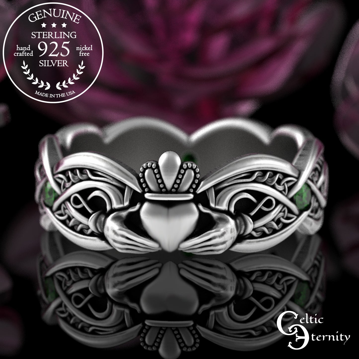 Sterling Woman's Infinity Heart Claddagh Wedding Band with Emeralds, 3239