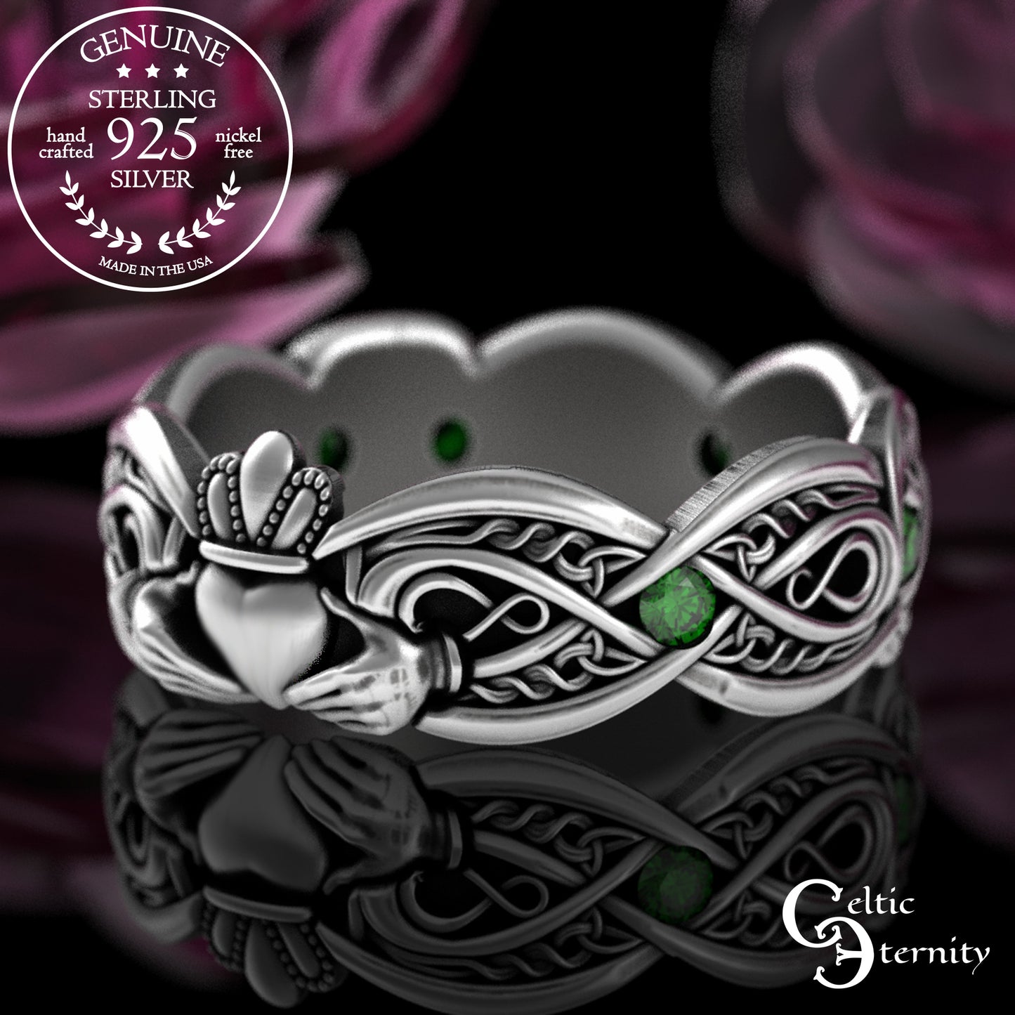 Sterling Woman's Infinity Heart Claddagh Wedding Band with Emeralds, 3239
