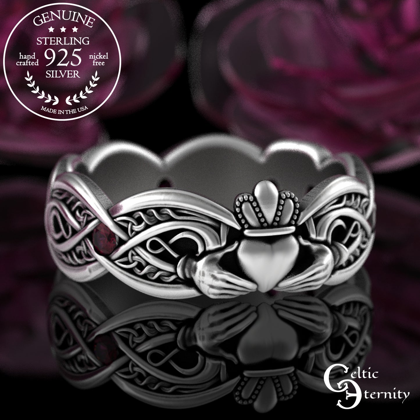 Sterling Woman's Infinity Heart Claddagh Wedding Band with Emeralds, 3239